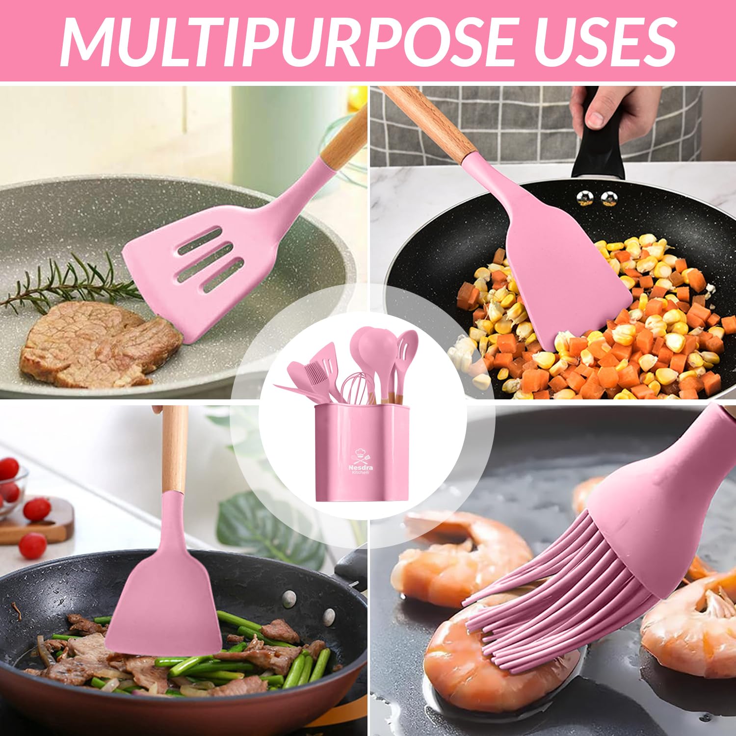 Silicone Cooking Utensils Set with Wooden Handles â€?Food-Grade, BPA-Free & Heat Resistant Kitchen Tools for Nonstick Cookware, Includes Holder & Hooks 33-Piece