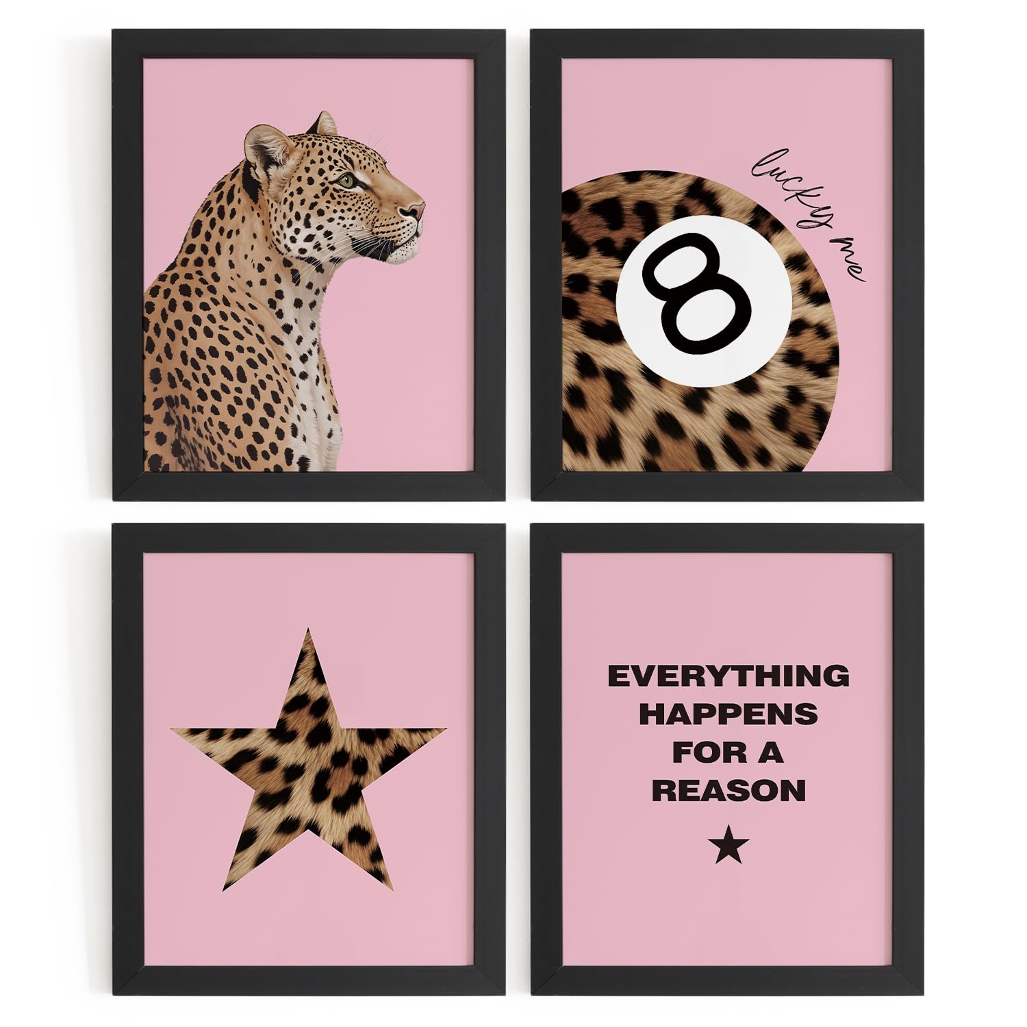 Trendy Leopard Wall Art Prints Set of 4 Funky Lucky 8 Ball Posters Prints Preppy Room Aesthetic Cheetah Wall Decor for Girls Room Dorm Apartment 8x10 Unframed