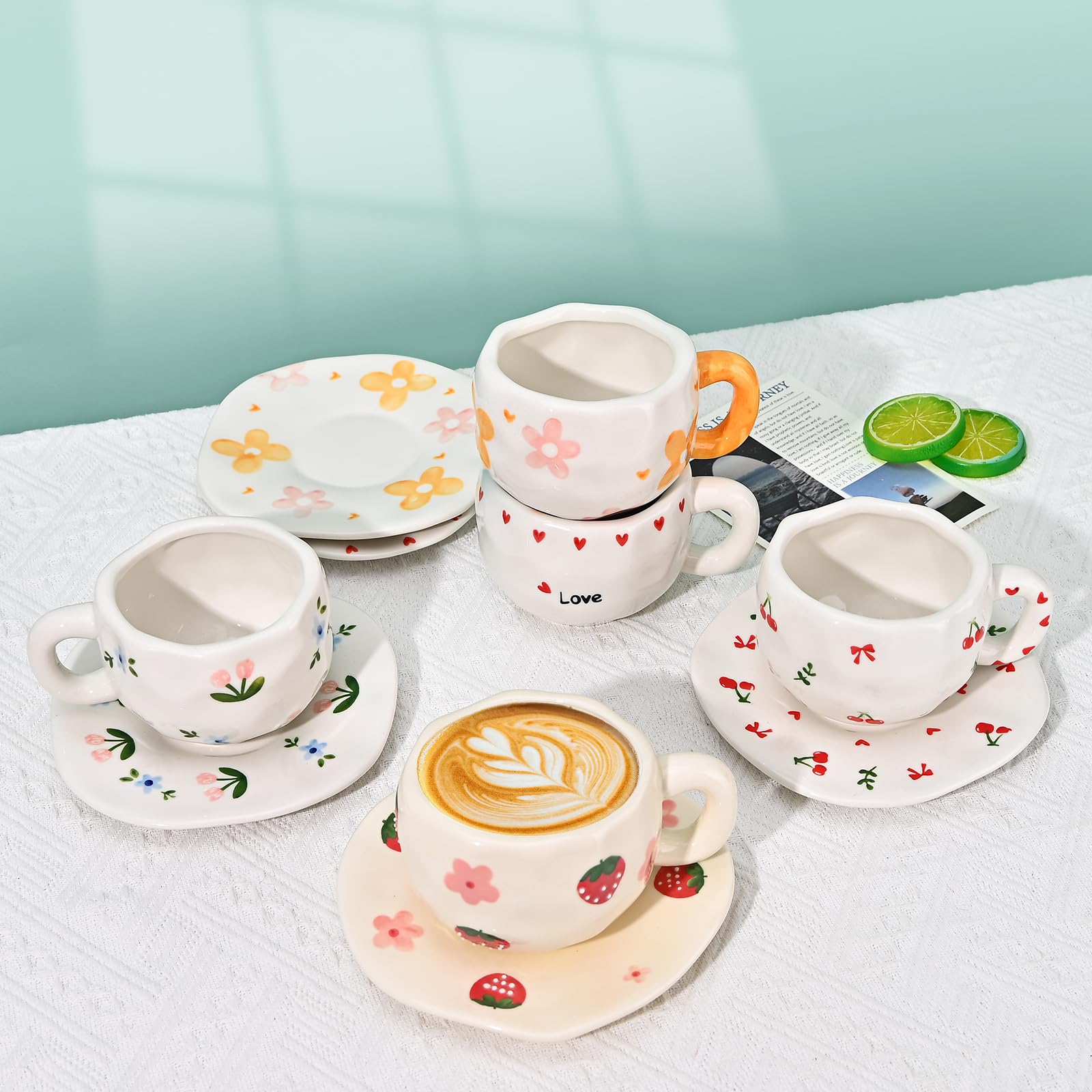 Ceramic Coffee Mug with Saucer Set, Cute Creative Cup Unique Irregular Design, 10 oz/300 ml
