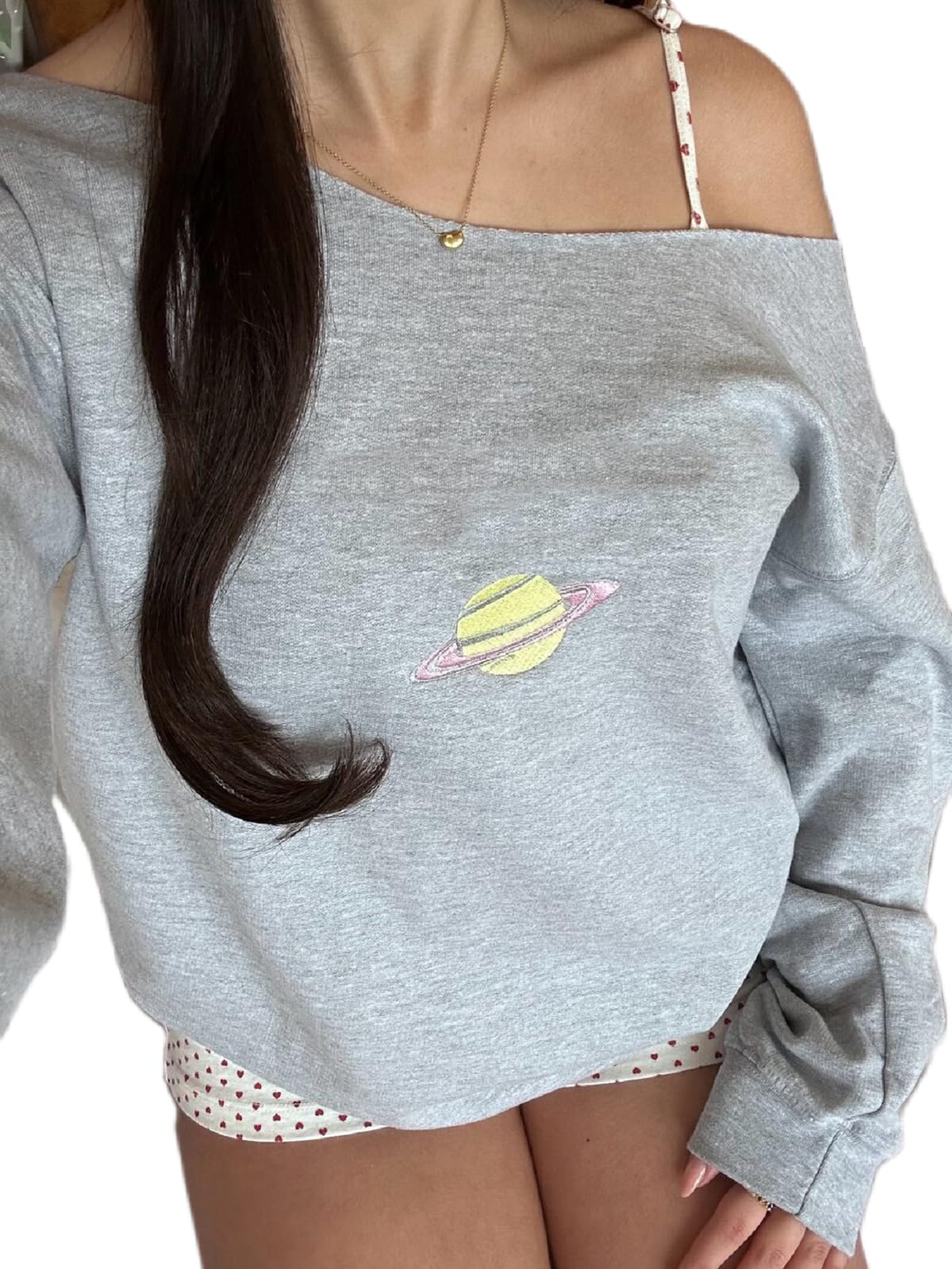 Women Y2k Off Shoulder Sweatshirt Long Sleeve Bow Print Pullover Top Vintage Graphic Sweatshirt