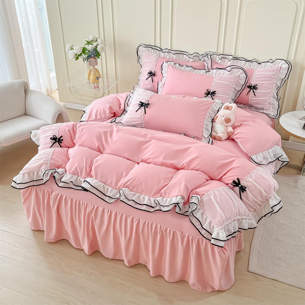 Duvet Cover Ruffle Beddding Set with Bowtie - 3 Pieces Comforter Cover Set with Zipper Closure & Pillowcase - Comforter Not Included