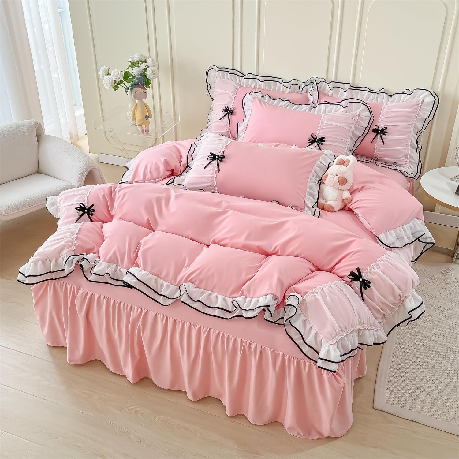 Duvet Cover Ruffle Beddding Set with Bowtie - 3 Pieces Comforter Cover Set with Zipper Closure & Pillowcase - Comforter Not Included