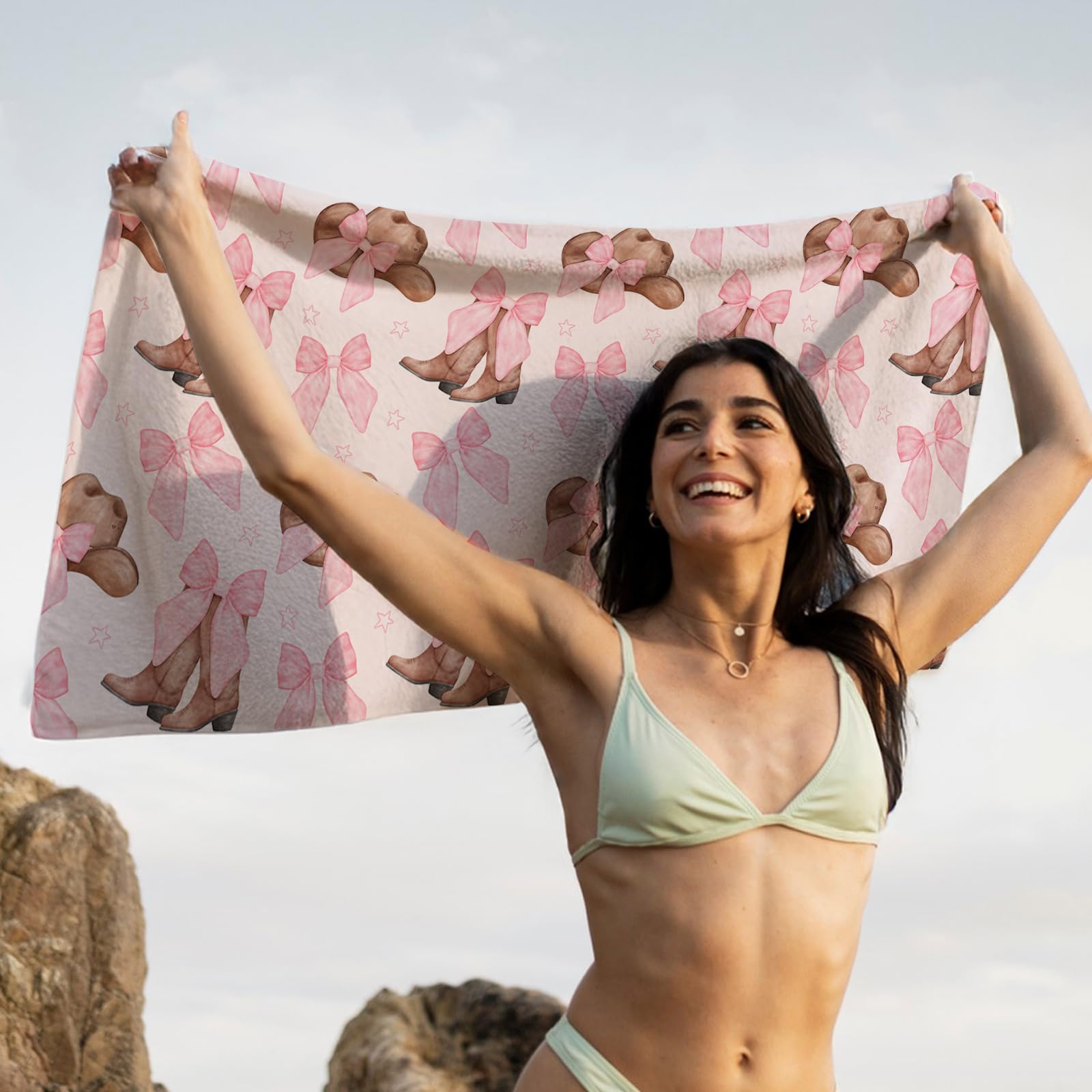 Coquette Girly Pink Bow Beach Towel - Microfiber Absorb Water Travel Towels 60x30 Inches for Bathroom Kitchen