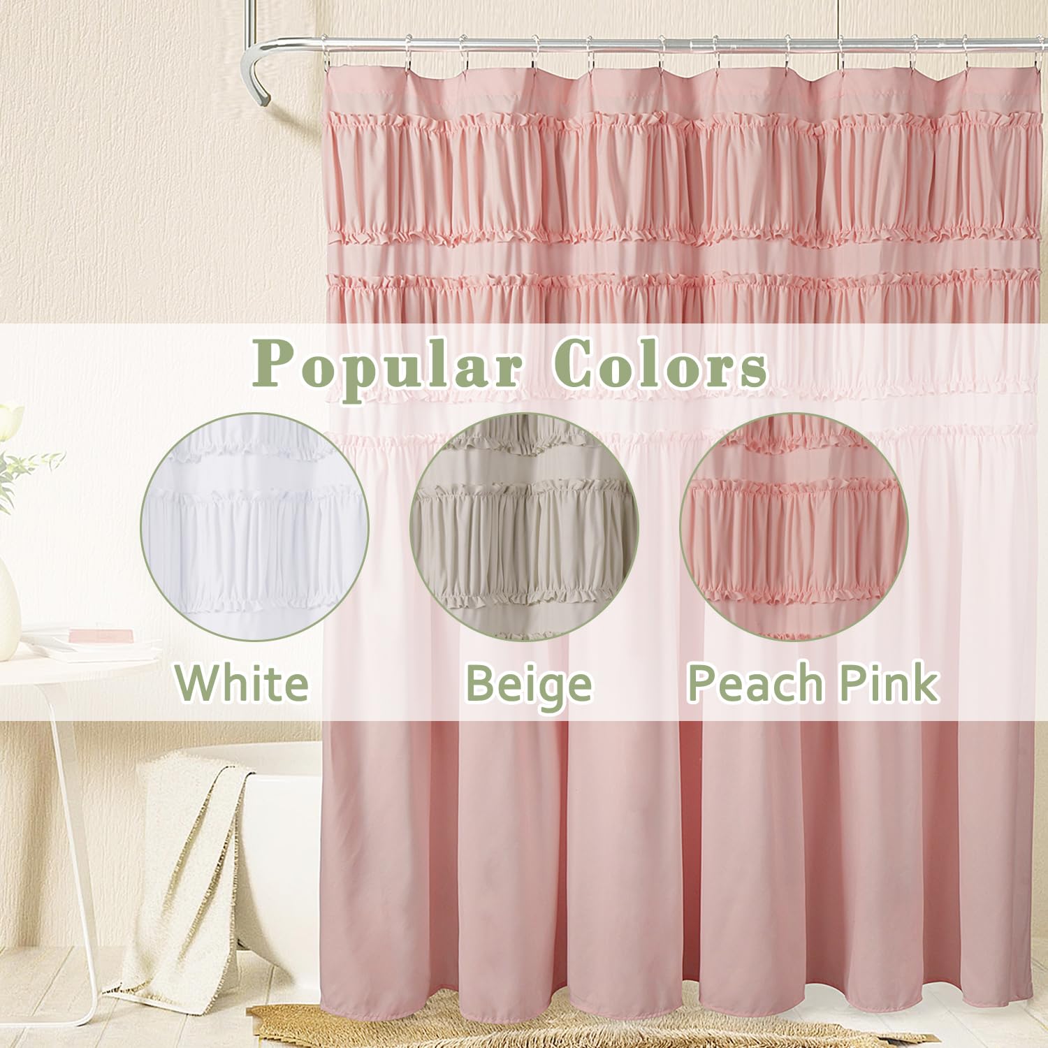 Ruched Ruffled Shower Curtain 72" W x 72" H, Microfiber Rustic Decorative Bath Curtain Boho Décor