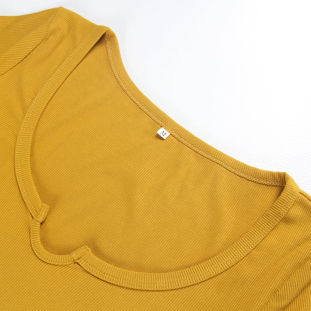 Women's Short Sleeve T-Shirts Form Fitting Ribbed Knit V Notch Scoop Neck Basic Crop Top