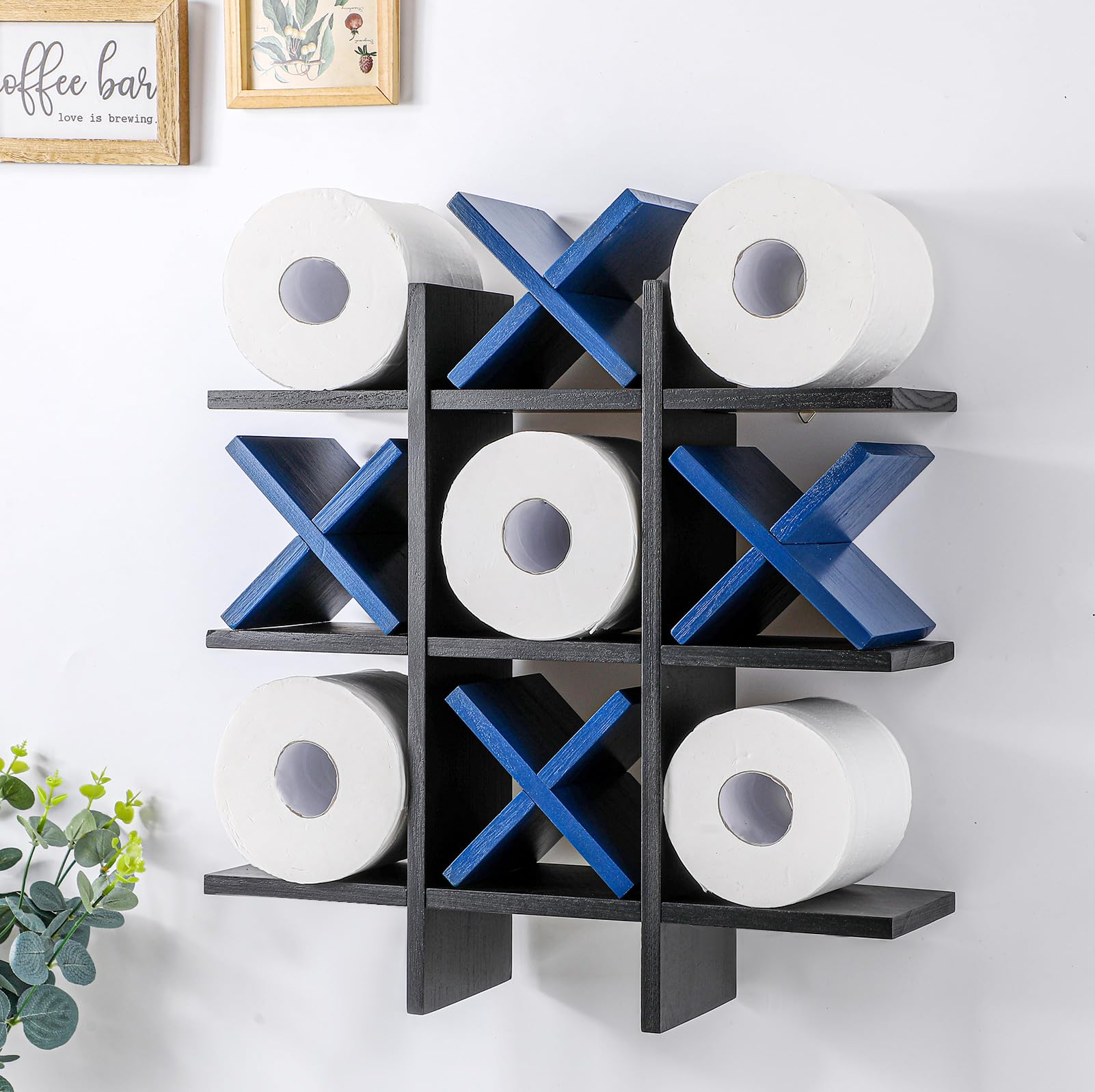 Tic Tac Toe Toilet Paper Holder Stand Bathroom Wall Decor Rustic Wooden Hanging Storage Freestanding Wall Mounted Shelves Decor