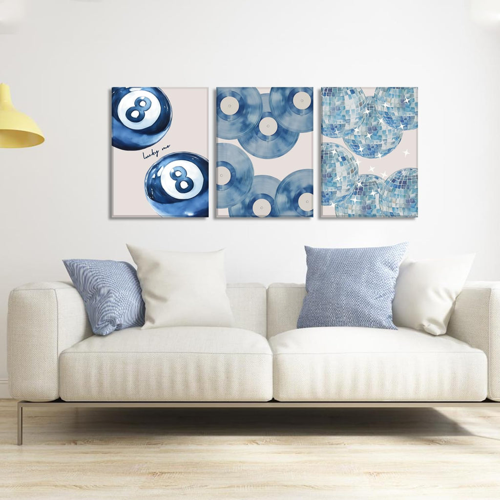 Trendy Blue Wall Art Set of 3, Preppy Navy Blue Wall Decor, Coquette Disco Lucky Me 8 Ball Poster Canvas Prints Aesthetic Pictures Room Dorm