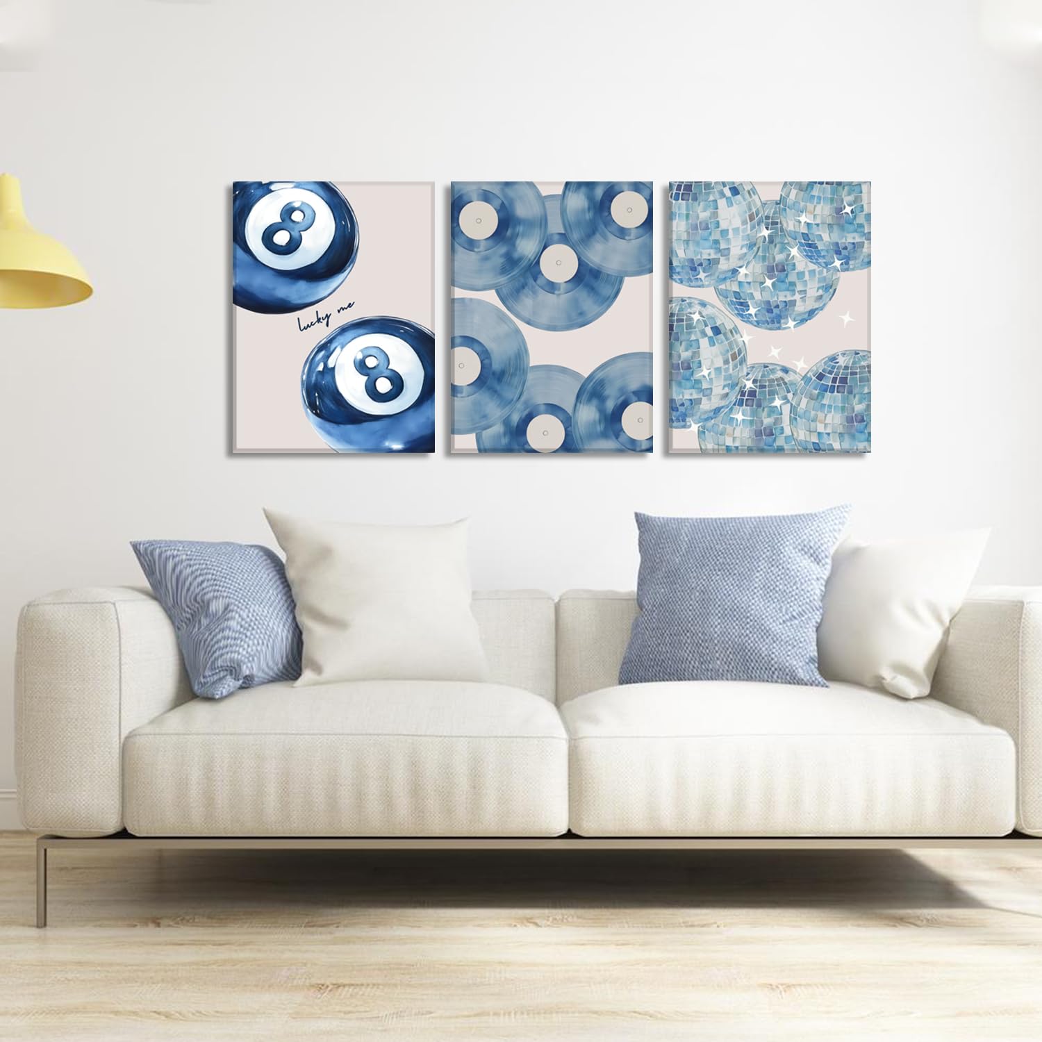 Trendy Blue Wall Art Set of 3, Preppy Navy Blue Wall Decor, Coquette Disco Lucky Me 8 Ball Poster Canvas Prints Aesthetic Pictures Room Dorm