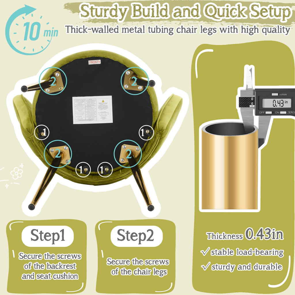 Cute, non-wheeled desk chair with backrest, fluffy cushion, cozy makeup chair with adjustable golden legs