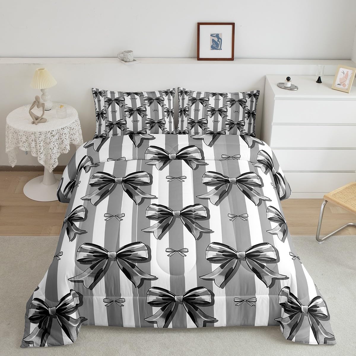 Floral Bowknot Comforter Set,Pink Bow Tie Print Bedding Set Cute Bow Flower Comforter Princess Style Bed Set for All Season