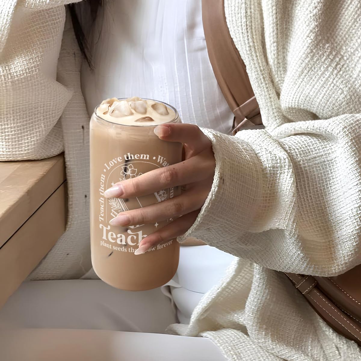 Glass Cup with Lid & Straw, Iced Coffee Aesthetic Glass Can, 16oz