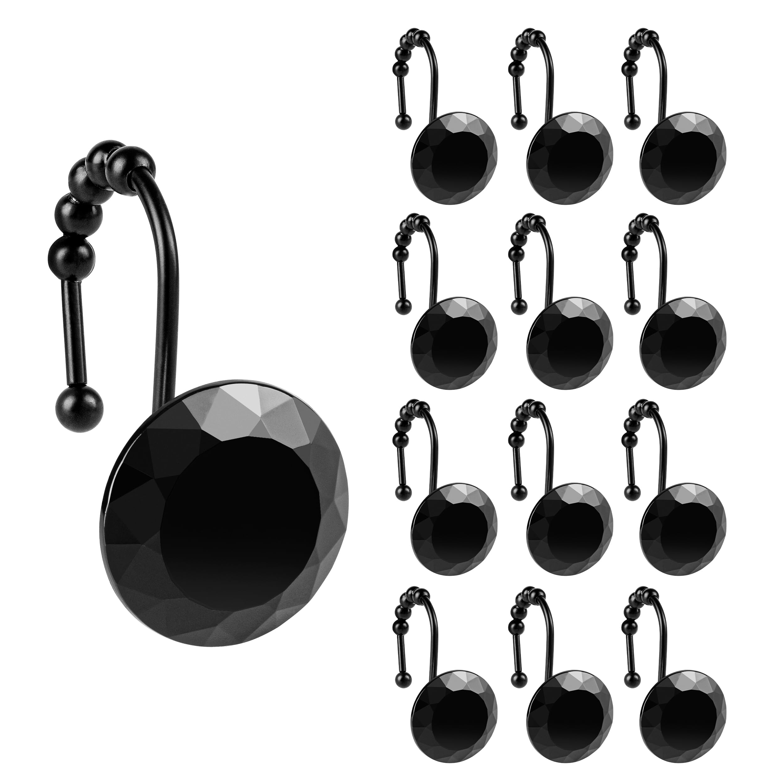 Luxury Design Round Diamond Crystal Gem Bling with Glide Balls Shower Curtain Hooks, Rust Proof Metal Rhinestones Glam Shower Curtain Rings-12 Pack