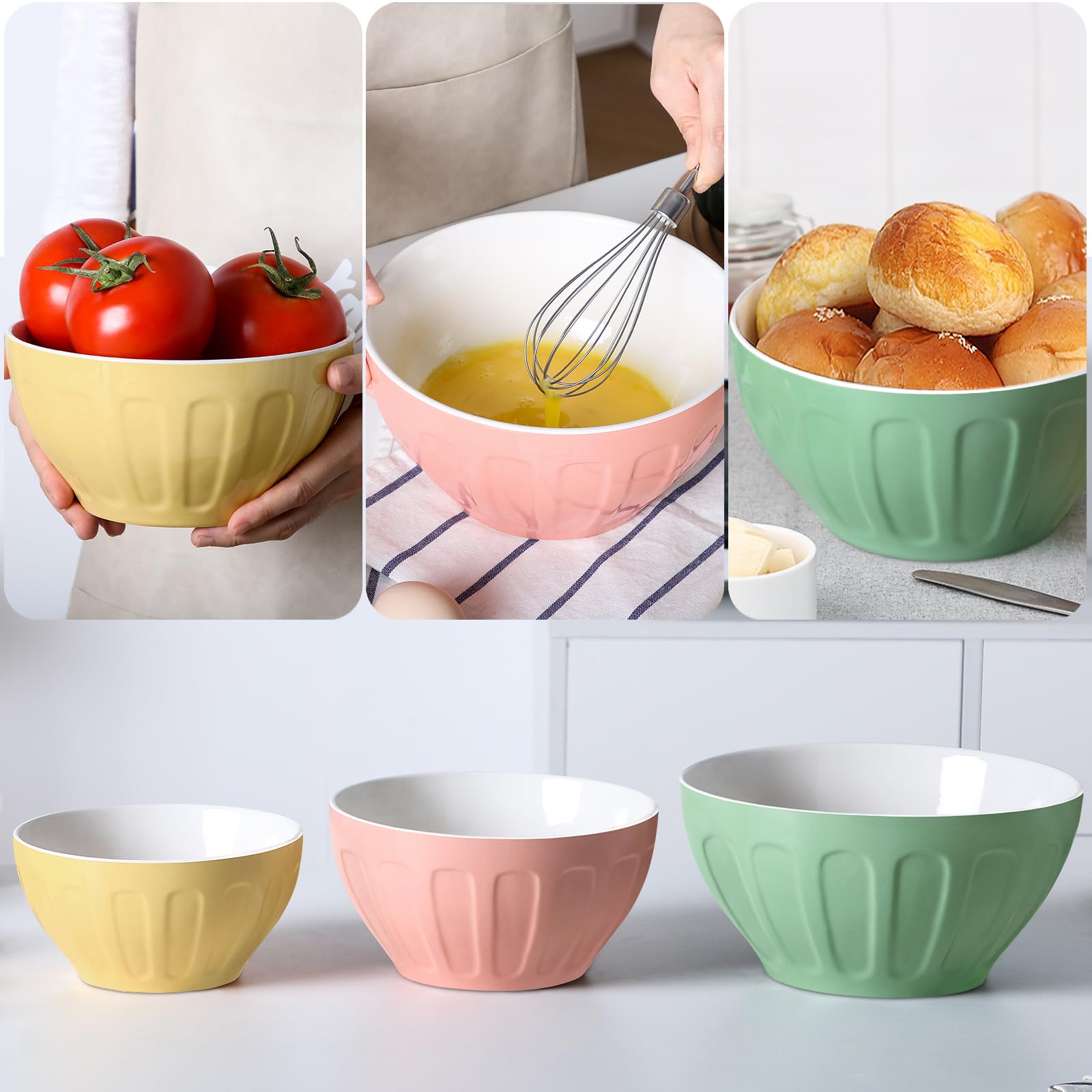 Ceramic Mixing Bowls for Kitchen, 3-Piece Large Colorful Serving Bowls, 3.13/1.68/1.18 Qt Deep Microwaveable Nesting Bowl, Stackable and Functional