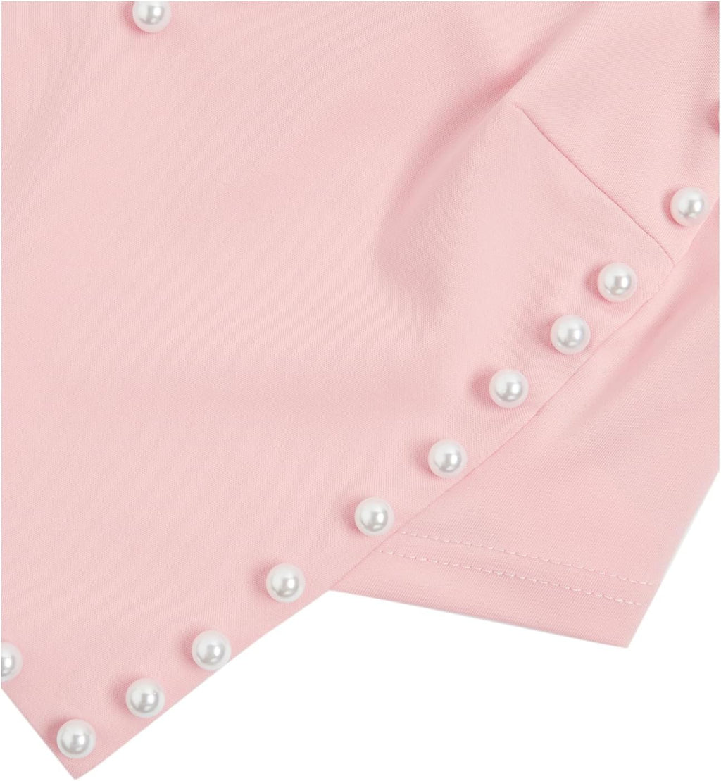 Women's Pearls Sleeveless Asymmetrical Hem Heart Crop Cami Top Sexy Camisole