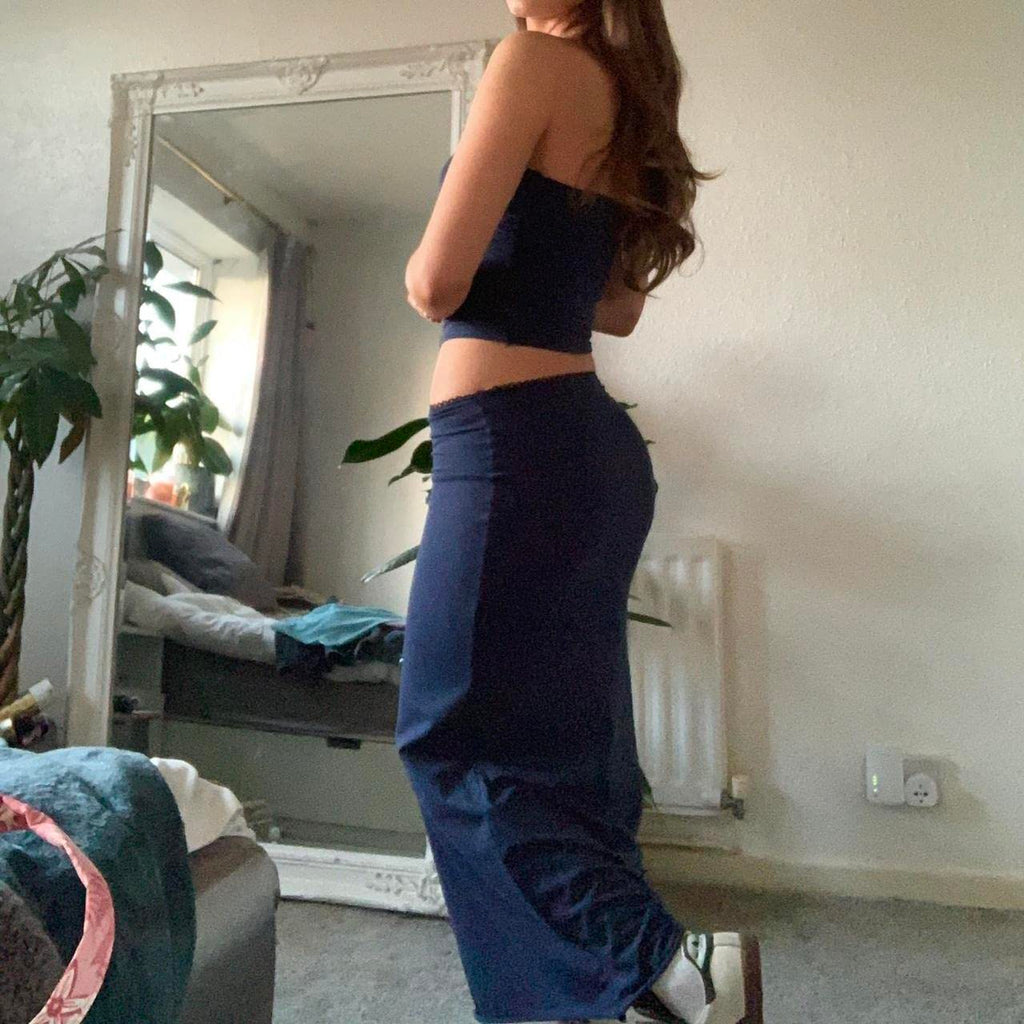 Vintage Lace Maxi Skirt Set Women 2 Piece Outfit Strapless Split Tube Top and Maxi Skirt Set