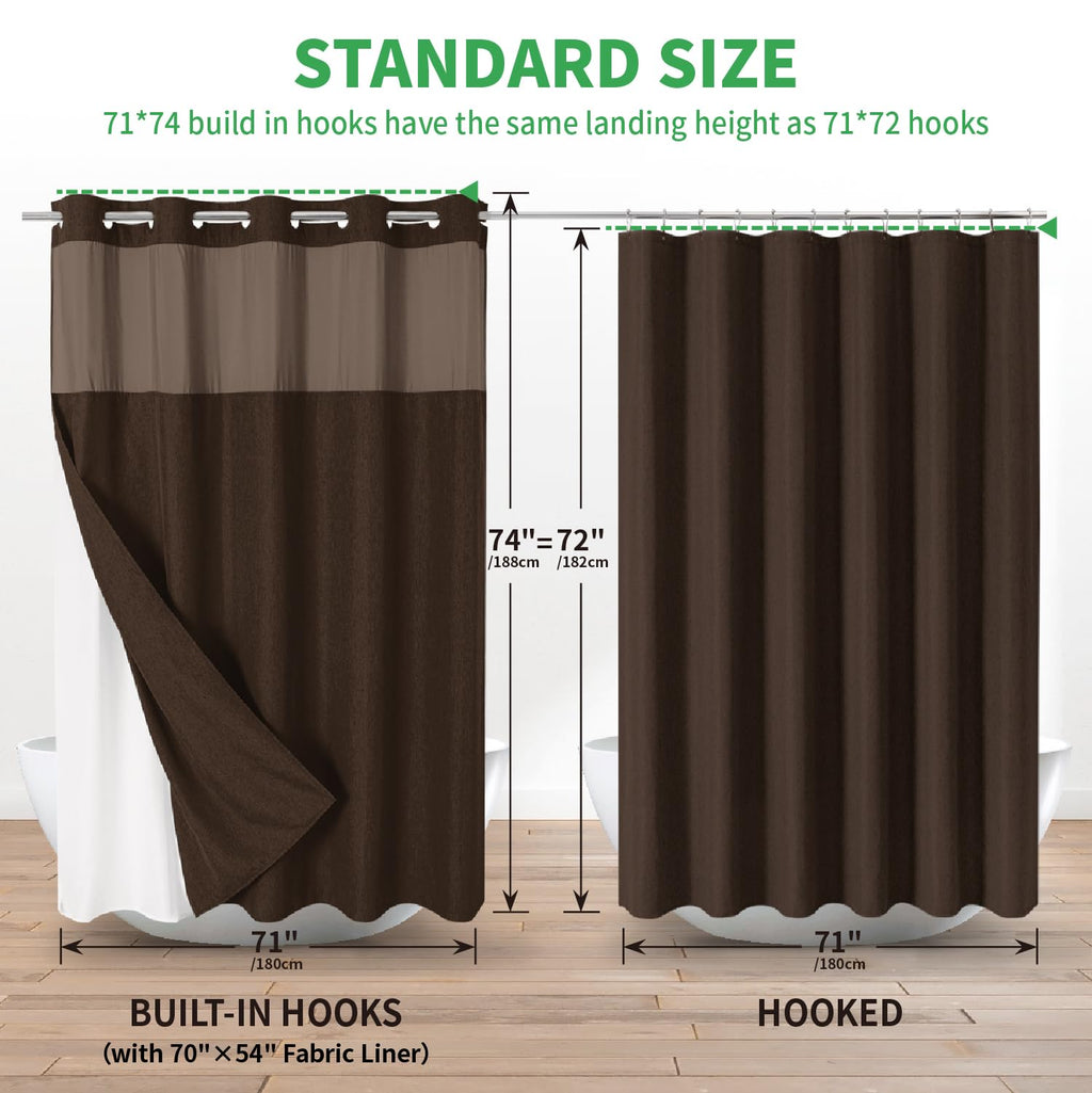 No Hooks Needed Linen Textured Shower Curtain with Snap-in Fabric Liner Set, Luxury Decor Shower Curtains for Bathroom with Mesh Top Window, Waterproof & Washable