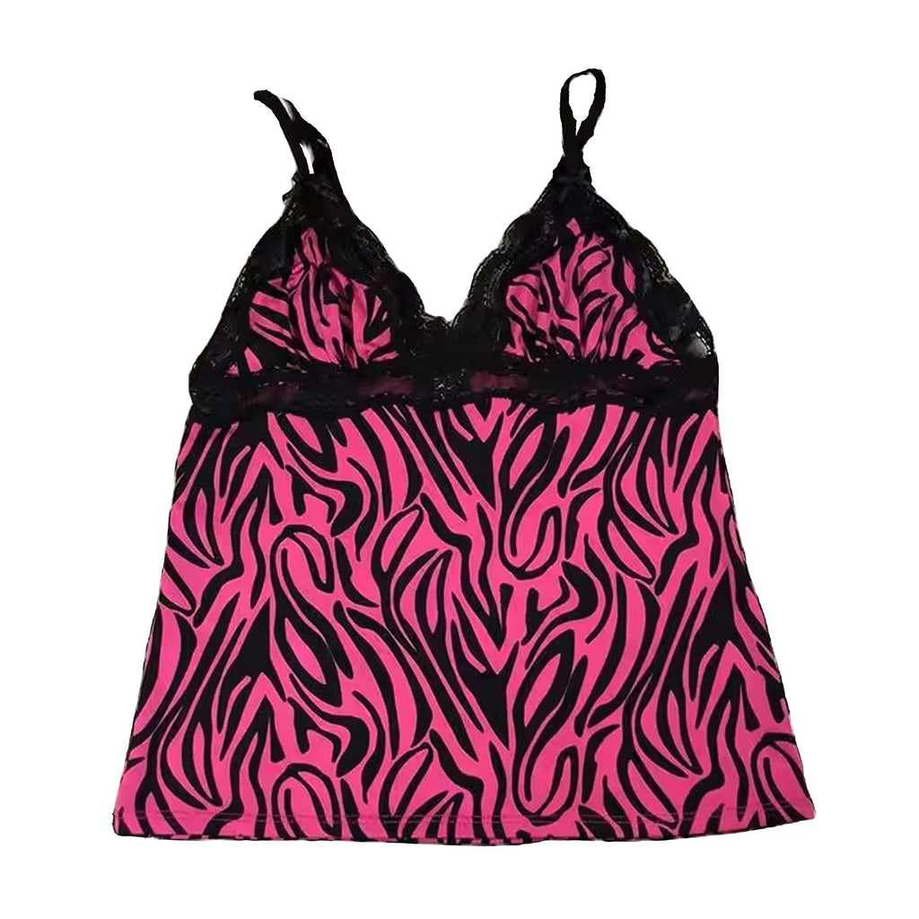 Emo Coquette Cropped Top Grunge 2000s Spaghetti Strap Tops Streetwear Vintage Camisole Y2k Cheetah Tops