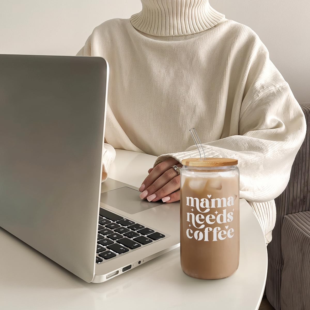 Glass Cup with Lid & Straw, Iced Coffee Aesthetic Glass Can, 16oz