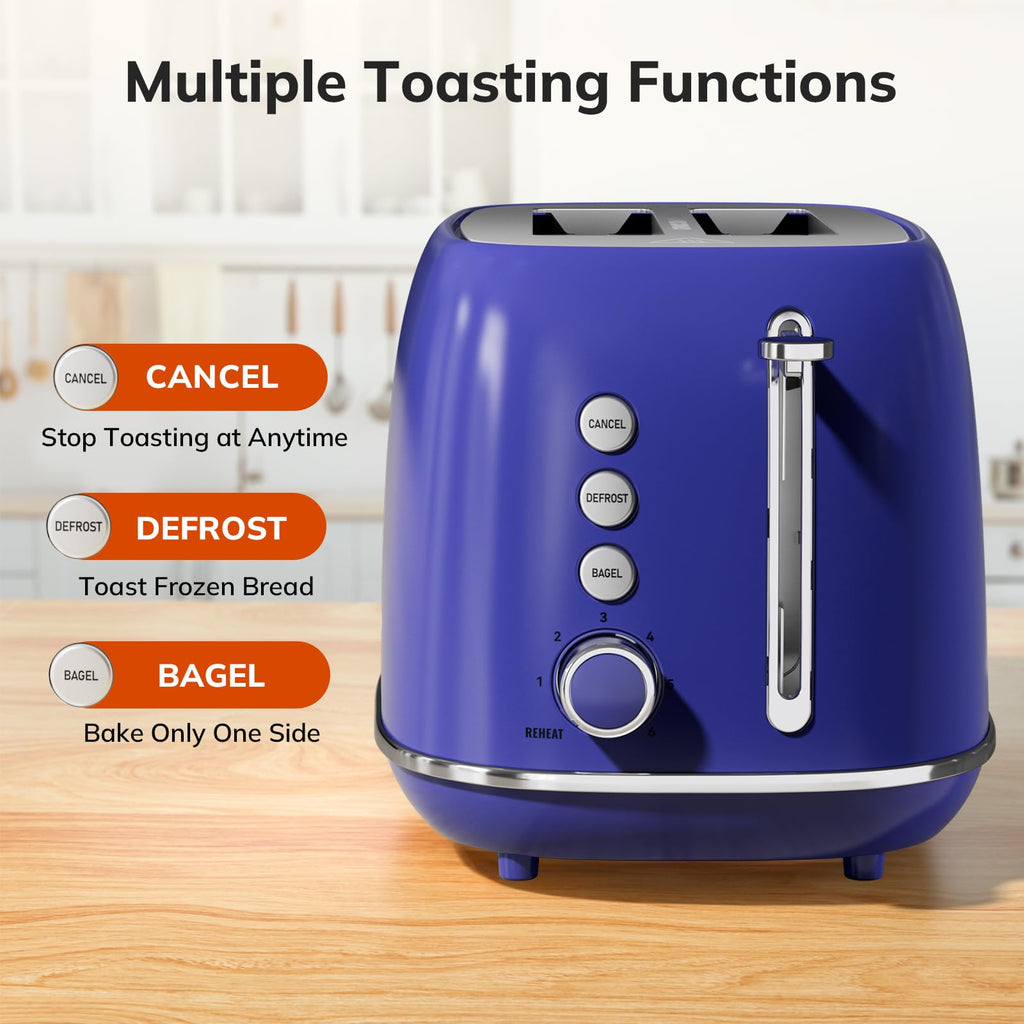 Toaster 2 Slice Stainless Steel with 6 Bread Shade Settings, Retro Toaster with Extra Wide Slot