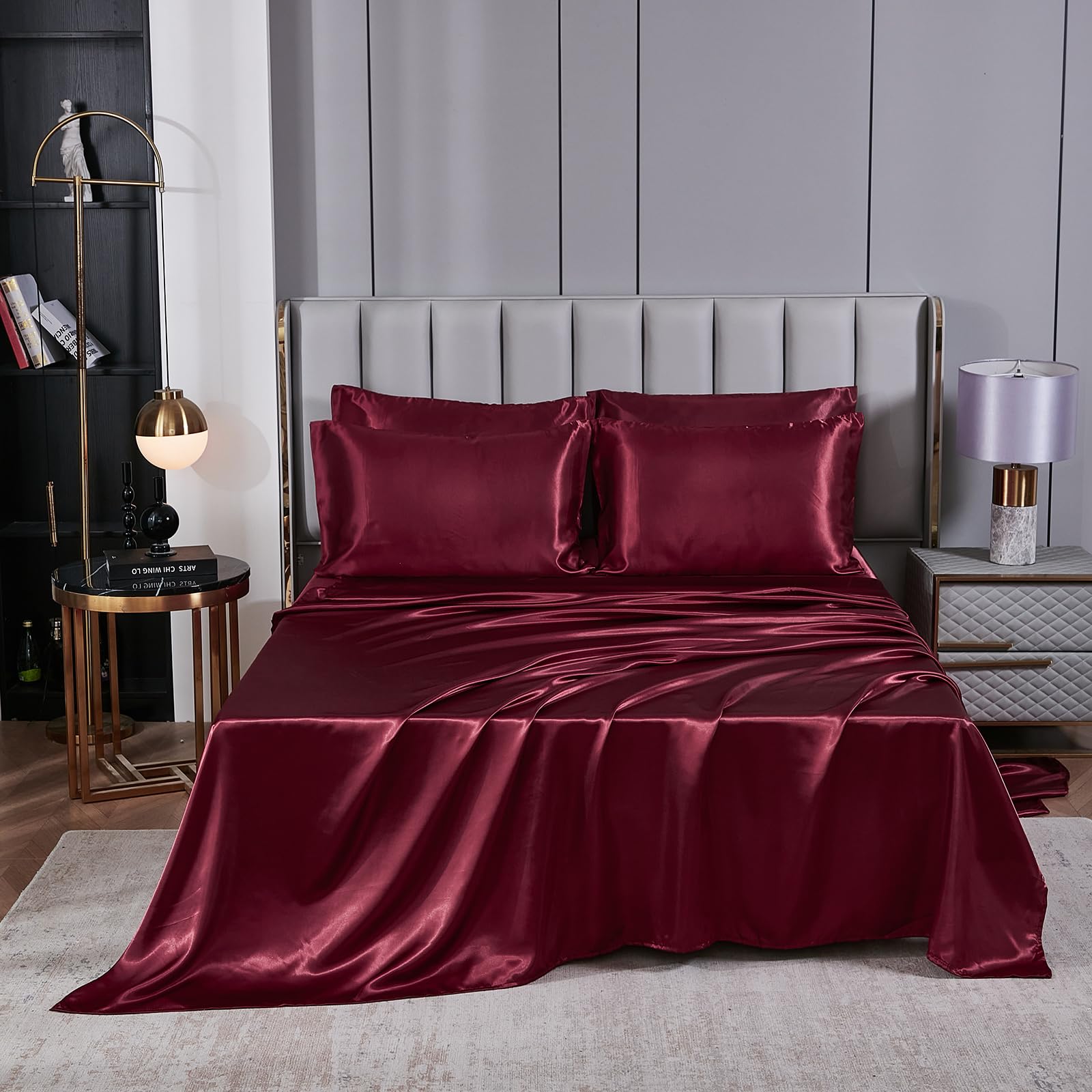 Satin Comforter Set with Sheet Set Full Silk Like Hot Pink Bed in a Bag Luxury Silky Bedding with 1 Comforter, 1 Flat Sheet, 1 Fitted Sheet, 4 Pillowcases, 1 Cushion Cover (Full, Hot Pink)