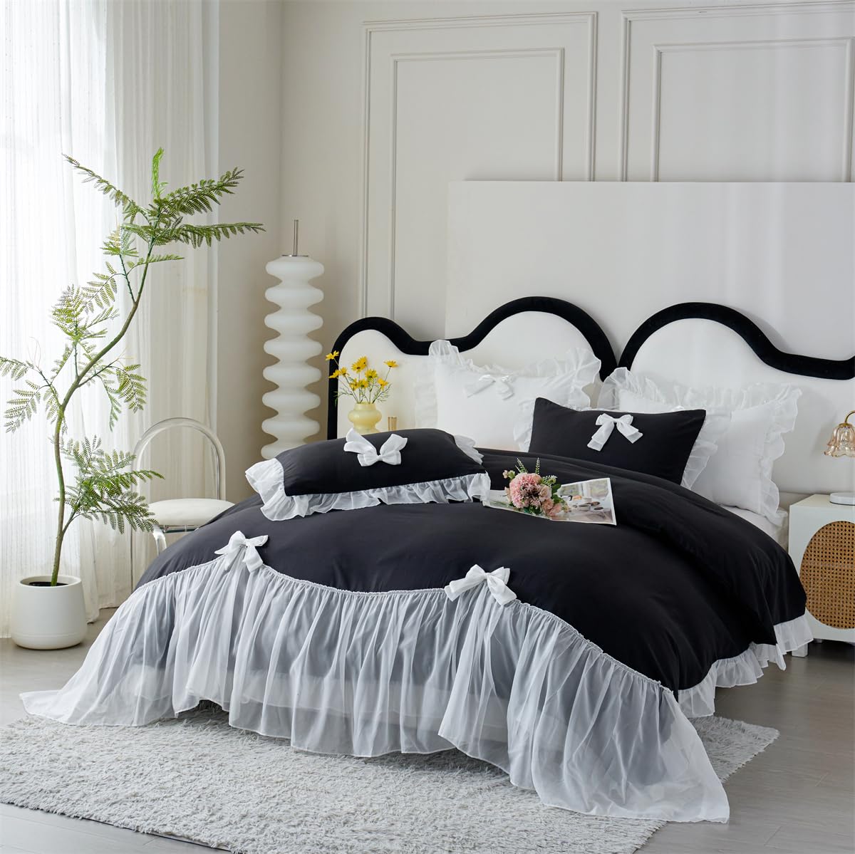 Ruffle Duvet Cover Bedding Set with Bowtie, 2 Pieces Comforter Cover Set with Zipper Closure with Pillowcase