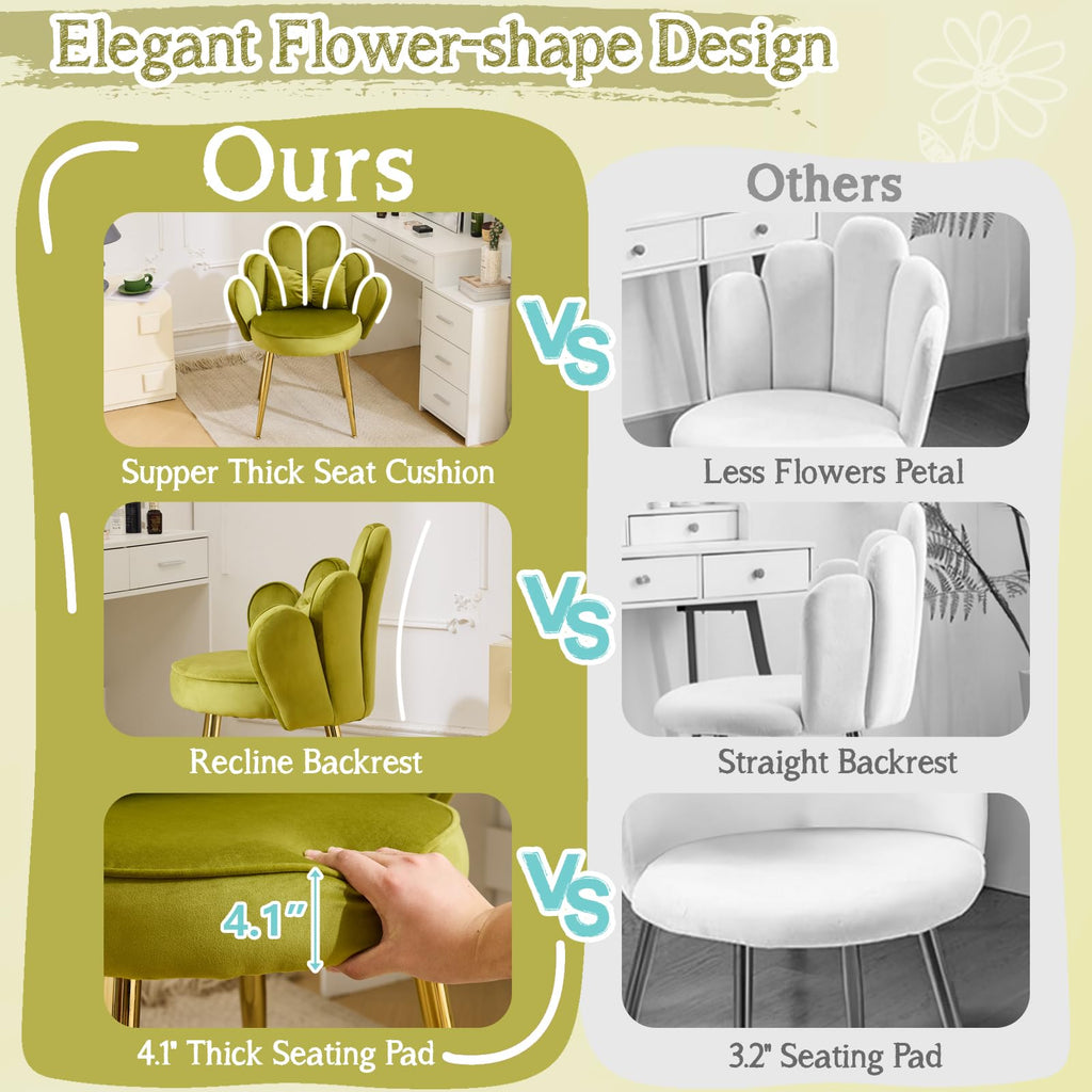 Cute, non-wheeled desk chair with backrest, fluffy cushion, cozy makeup chair with adjustable golden legs