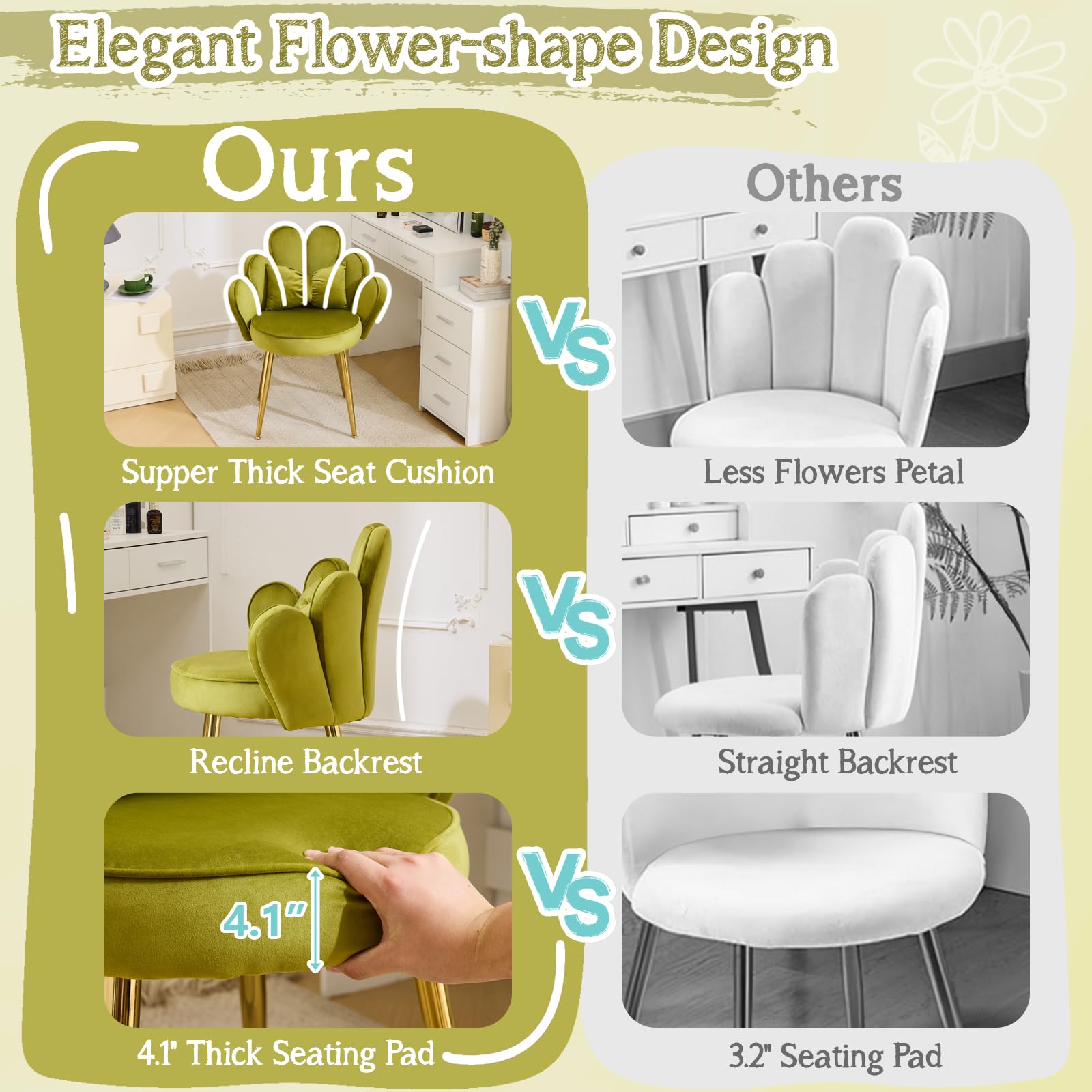 Cute, non-wheeled desk chair with backrest, fluffy cushion, cozy makeup chair with adjustable golden legs