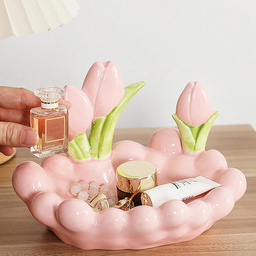 Pink Ceramic Tulip Decorative Jewelry Tray Jewelry Storage for Rings Earrings Necklaces Bracelet Watch Keys