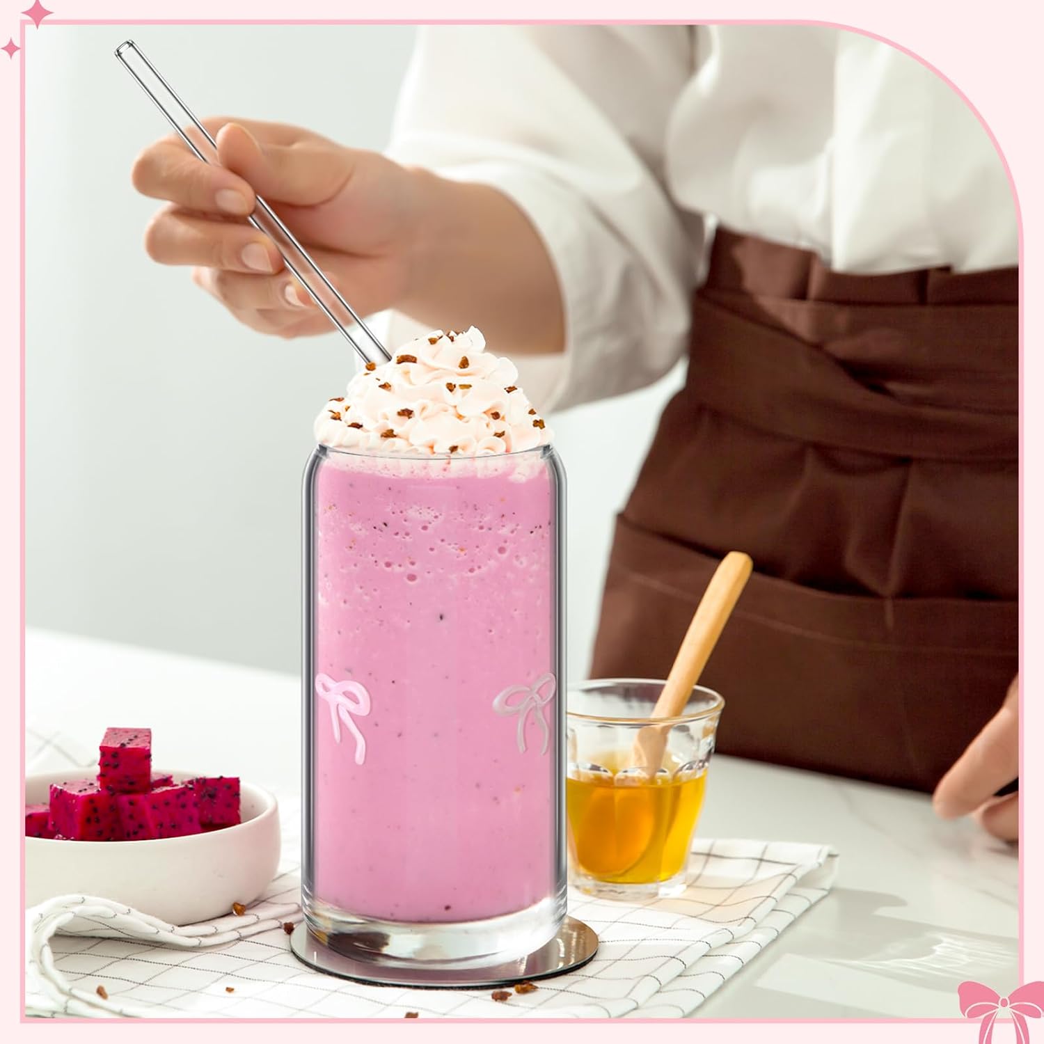 Coquette Bow Aesthetic Glass Cup with Clear Gift Bag Lids and Straws 16 oz Pink Bow Glass Cups Cute Tumbler