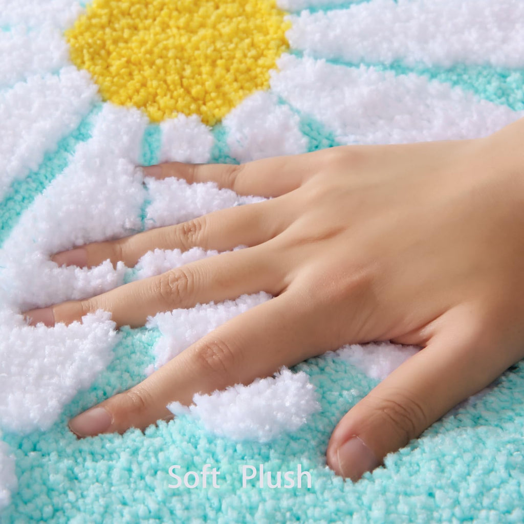 U Shaped Toilet Mat Cute Daisy Contour Bath Rug 20"x20", Extra Thick Soft Machine Washable Toilet Carpet, Non Slip Bathroom Floor Mats Super Absorbent Microfiber Bath Rugs