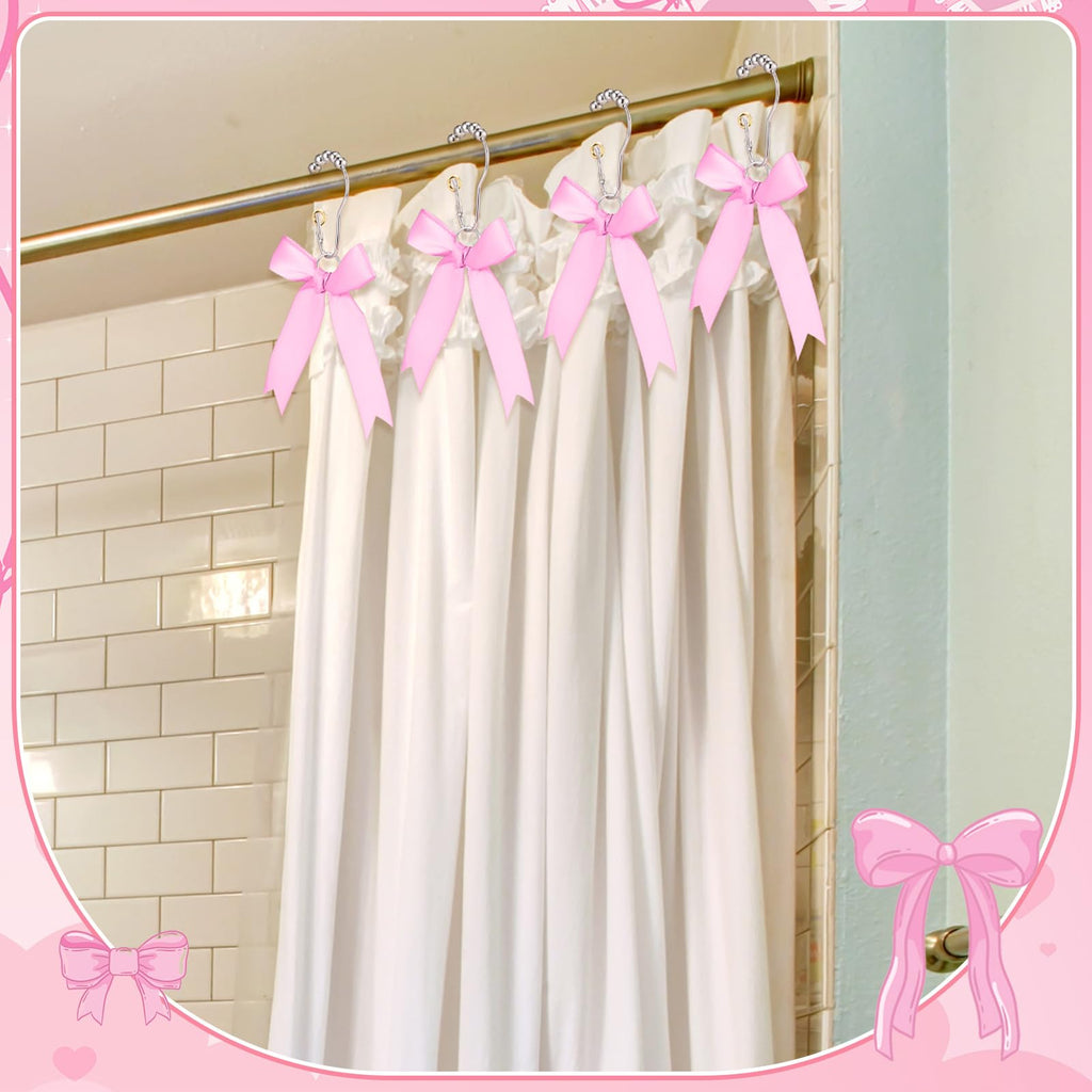 Cute Bow Knot Ribbon Curtain Hooks Decorative Shower Rings Hanger Bathroom Decor Bathroom Accessories 12 Pcs