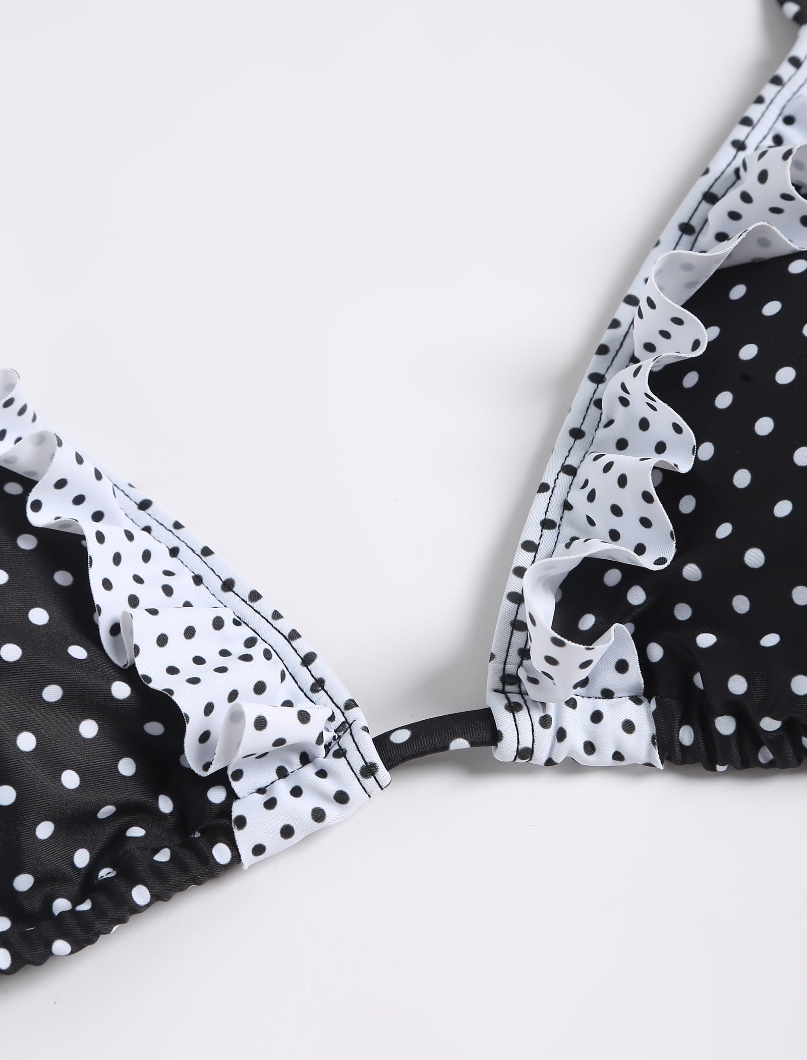 Women's Triangle Bikini Lace Frilled Ruffles Gingham Print Tie Side Spaghetti Strap 2 Pieces Bikini Swimsuit