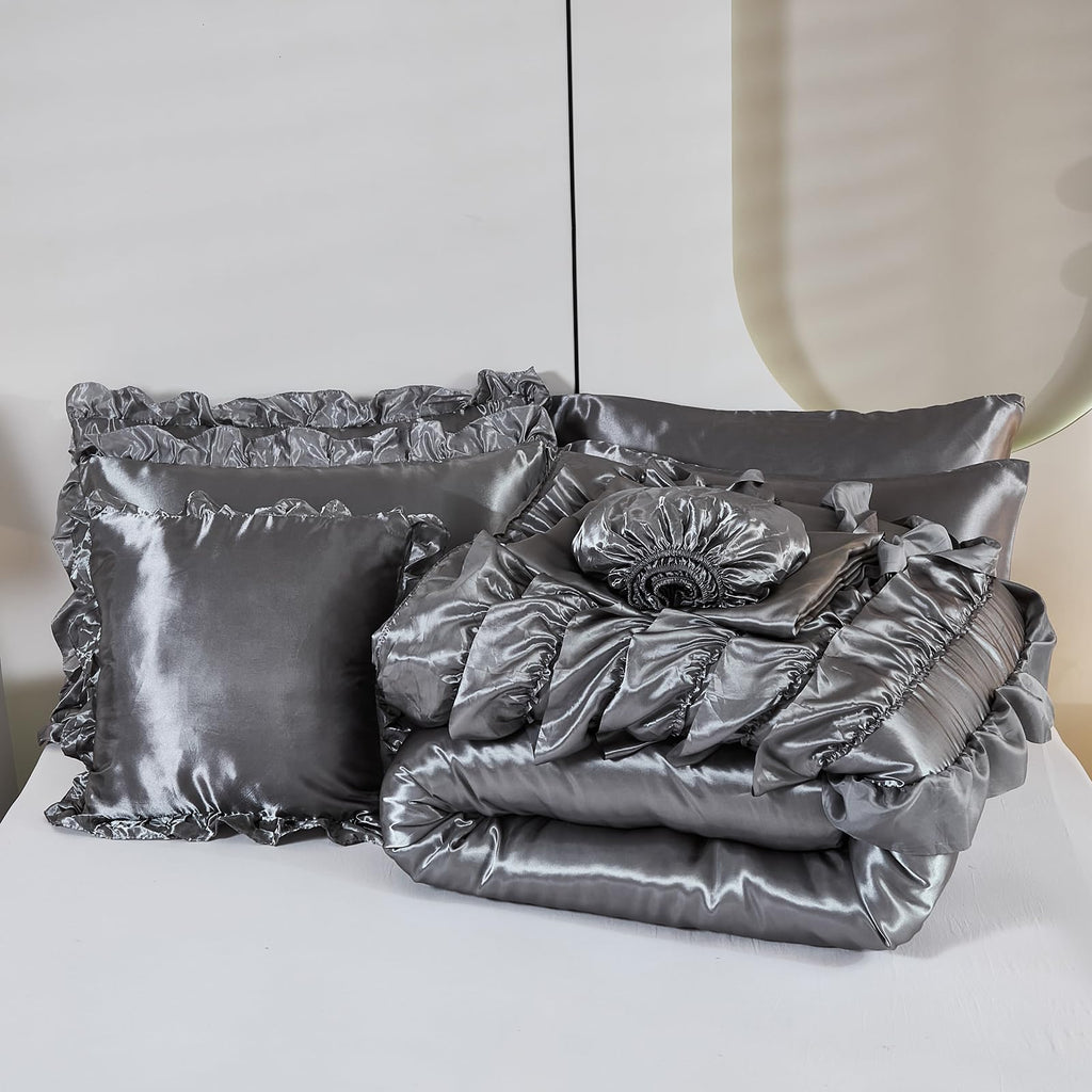 Ruffle Comforter Set 8 Pieces Satin Comforter Set with Sheet Set - Waterfall Ruffle Design Luxurious Silky Comforter Set