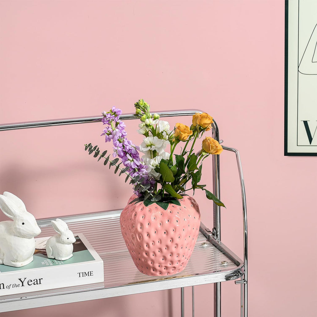 Strawberry Vase for Flowers, Dusty Pink Ceramic Fruit Vase, Strawberry Shaped Planter Pot with Green Leaves and Black Seeds Decor