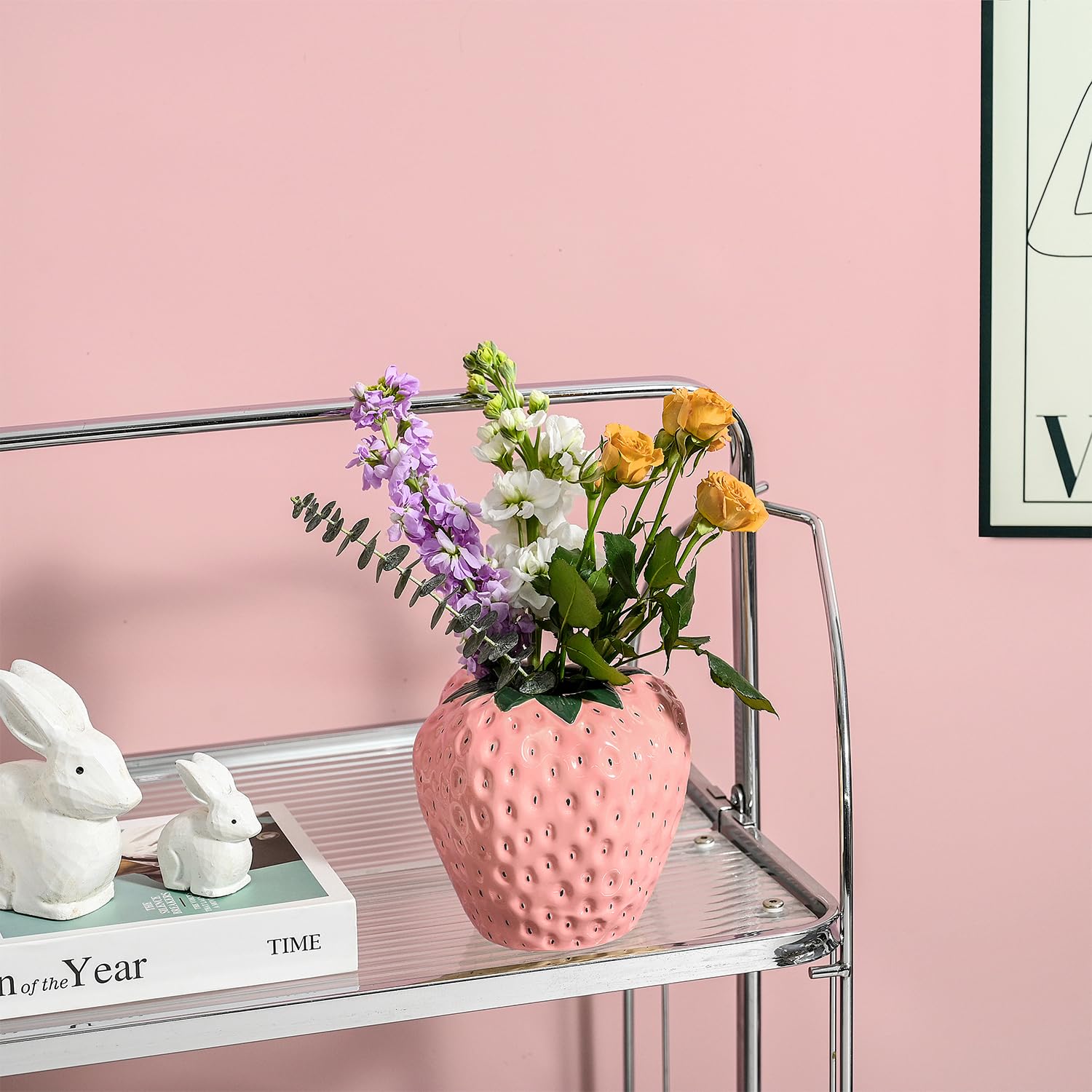 Strawberry Vase for Flowers, Dusty Pink Ceramic Fruit Vase, Strawberry Shaped Planter Pot with Green Leaves and Black Seeds Decor