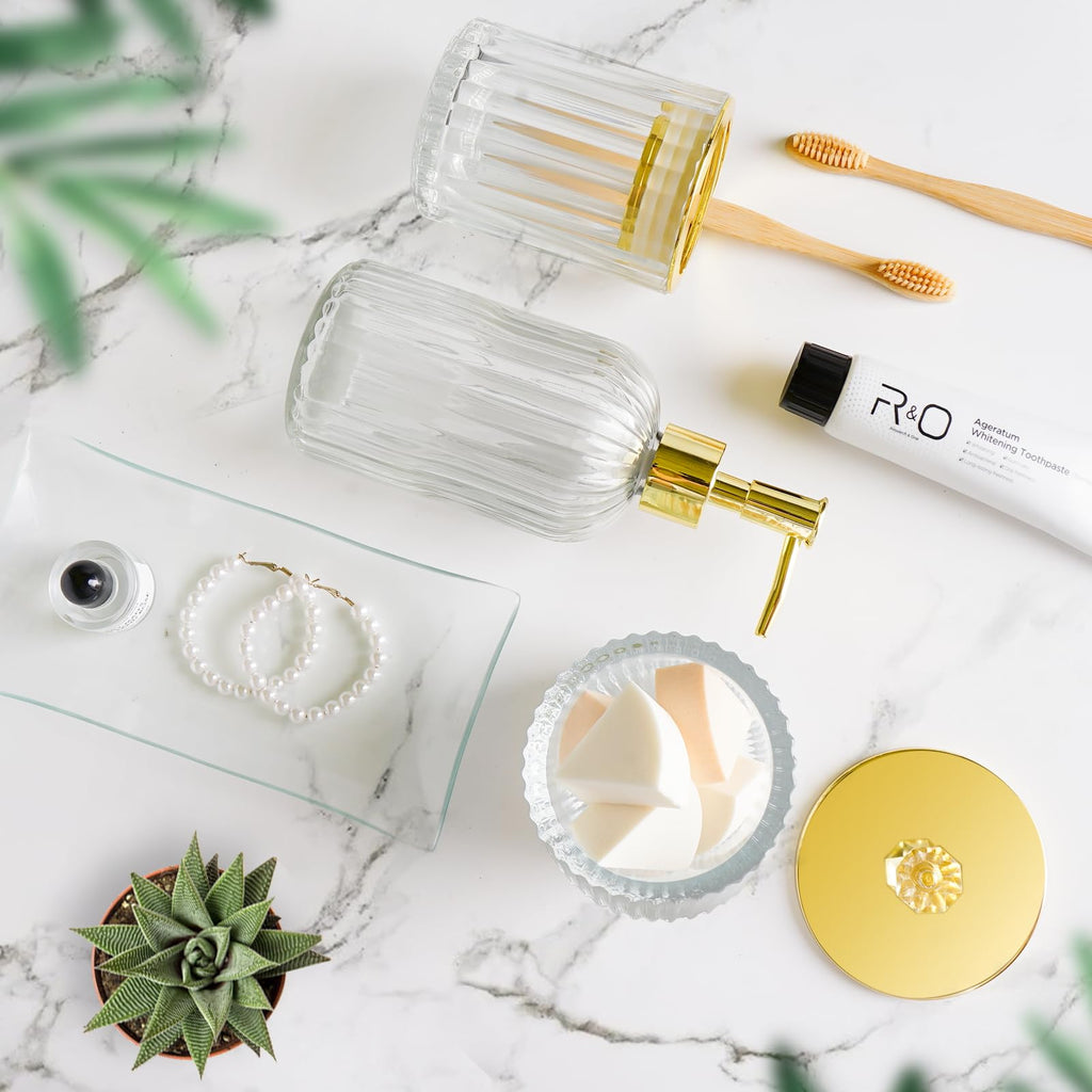 Glass Bathroom Accessories Set 4PCS Bathroom Accessories Set with Soap Dispenser Toothbrush Holder Qtip Holder & Vanity Tray