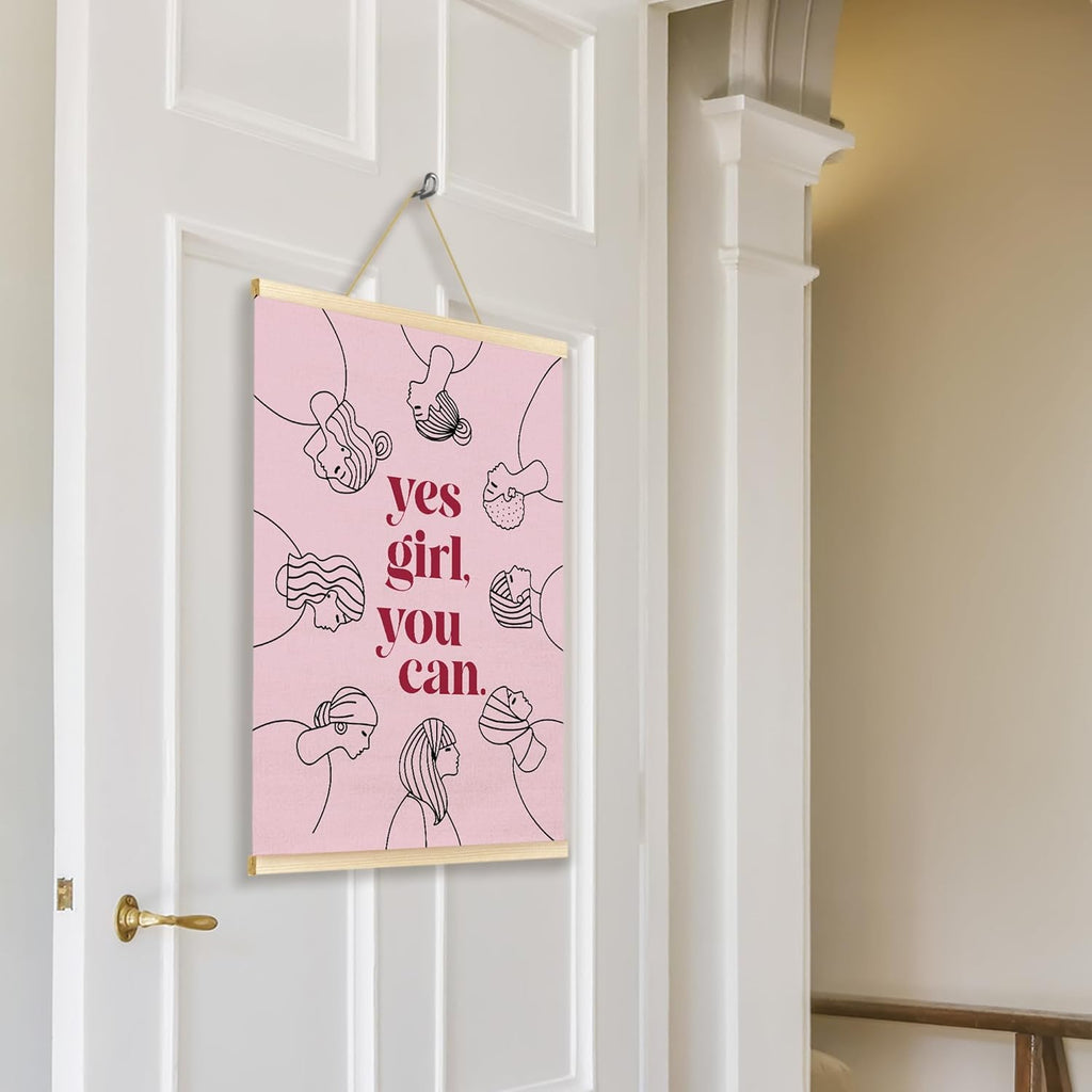 Yes Girl You Can Poster Hanger Frame, Feminist Motivational Quote Wooden Canvas Artwork Print, Pink Positive Wall Painting for Girl Room Home Bathroom Office Decor 12X16inch