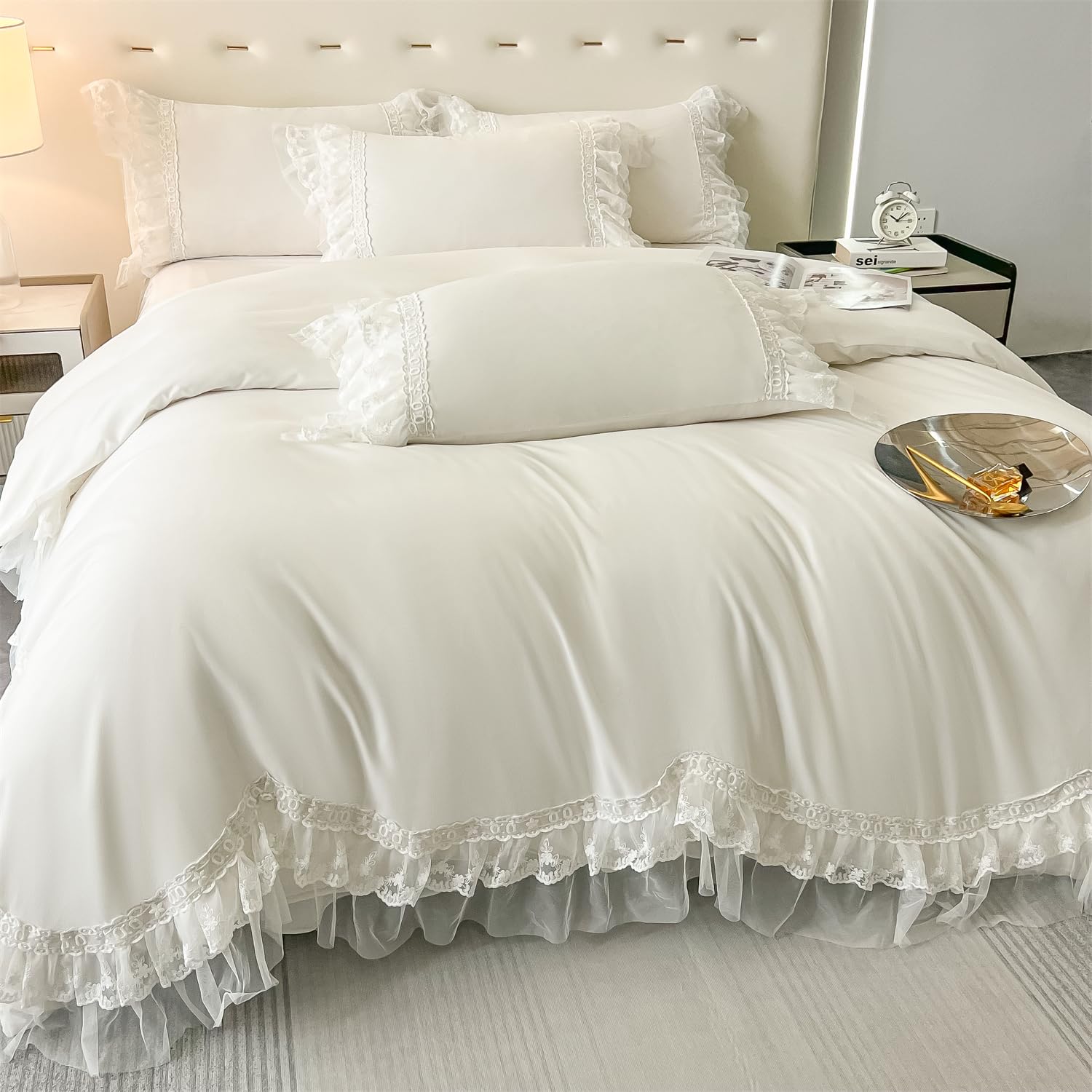 Chic Ruffle Lace Polyester Duvet Cover Set -Bedding-2 Piece Duvet Cover with Zipper Closure -Ultra Soft and Light Weight