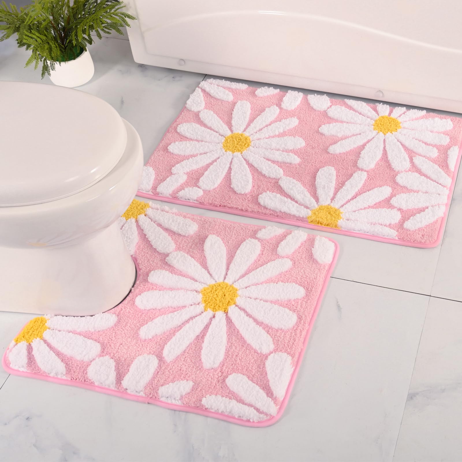 U Shaped Toilet Mat Cute Daisy Contour Bath Rug 20"x20", Extra Thick Soft Machine Washable Toilet Carpet, Non Slip Bathroom Floor Mats Super Absorbent Microfiber Bath Rugs