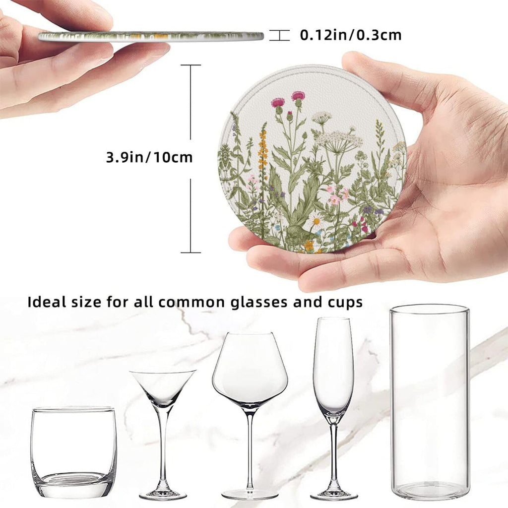 Coasters for Drinks Round Leather Coaster with Holder Set of 6 for Tabletop Protection