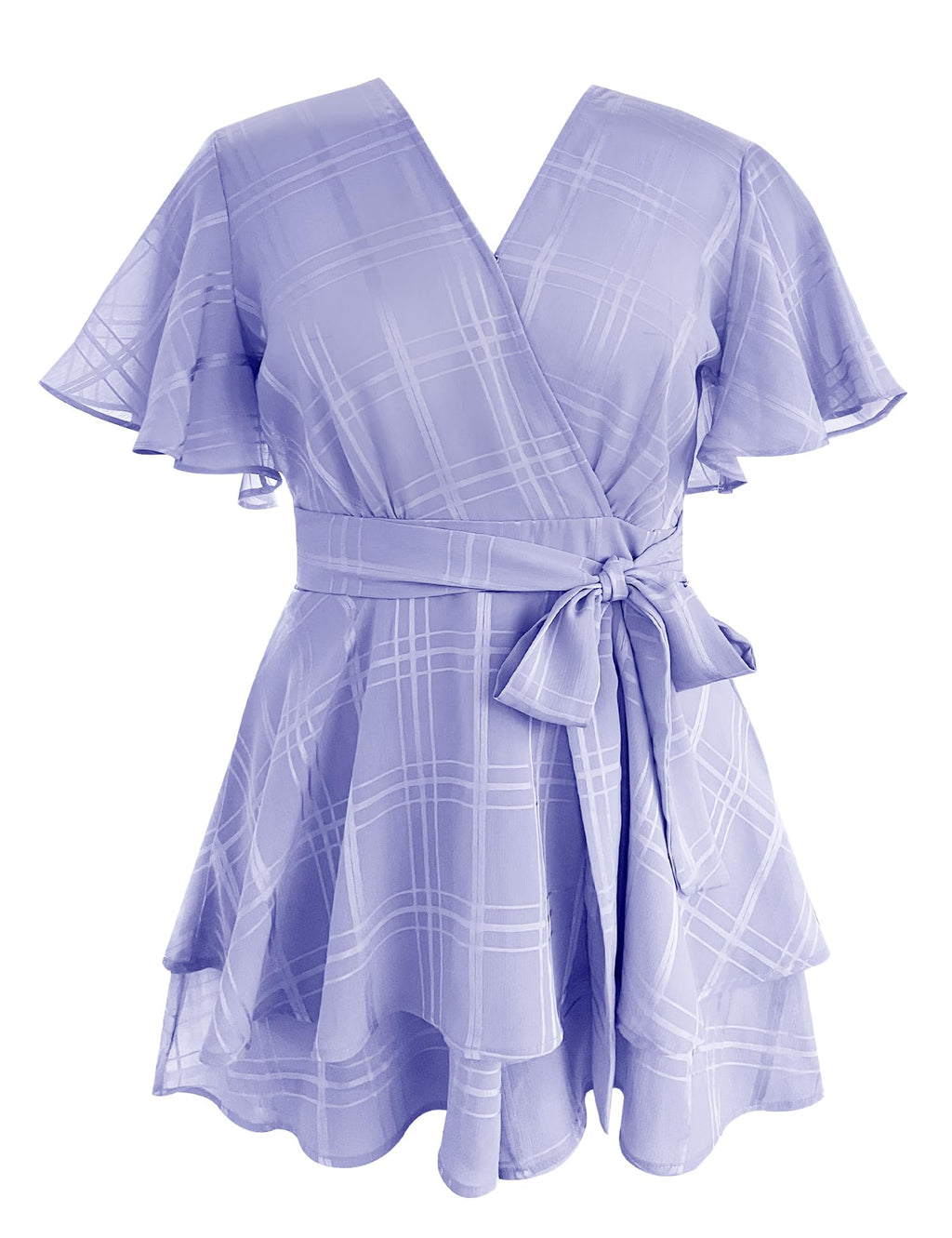 Women's Floral Rompers Jumpsuits V Neck Short Baggy Sleeve Waist Tie Double Layer Ruffle Hem Romper