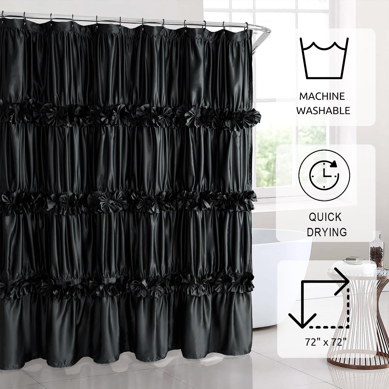 Victorian Bow Tie Ruffle Shower Curtain, with 12 Buttonholes, 72" W x 72" H, White (LQ-10)