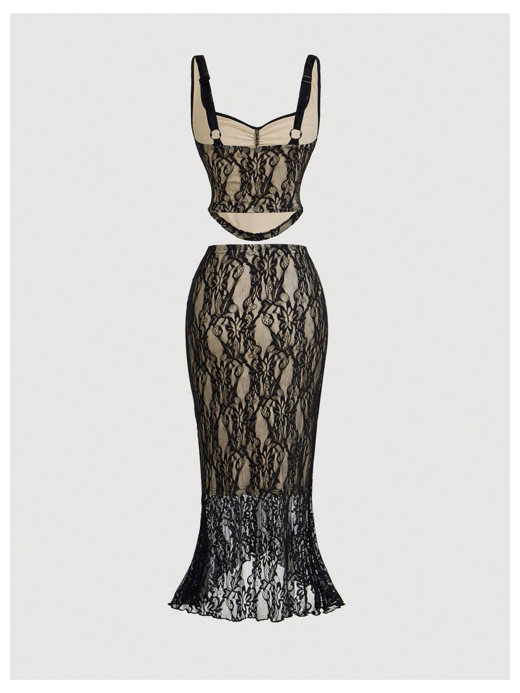 Women's Coquette Floral Lace Skirt Set 2 Piece Sleeveless Top and Bodycon Fishtail Skirt