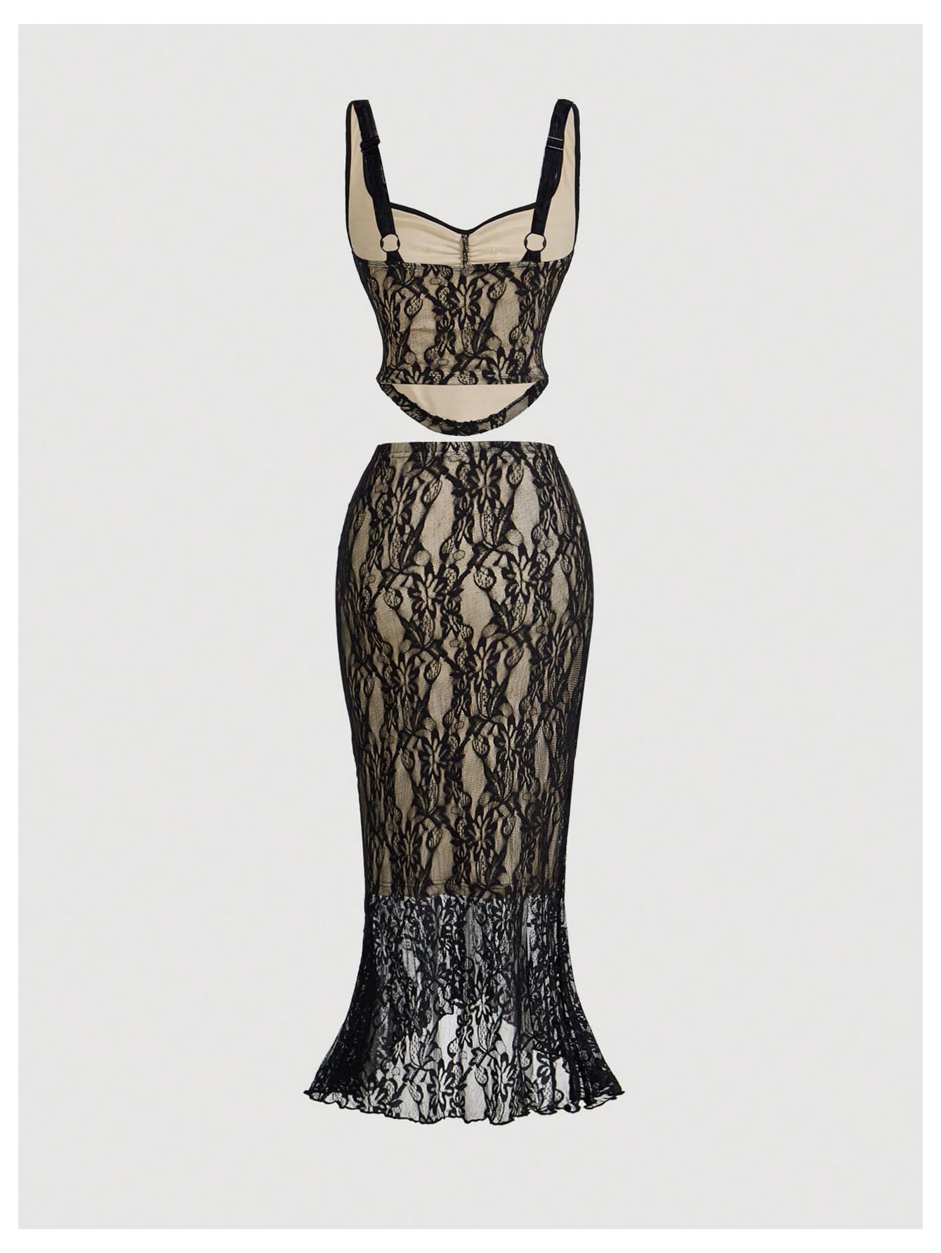 Women's Coquette Floral Lace Skirt Set 2 Piece Sleeveless Top and Bodycon Fishtail Skirt