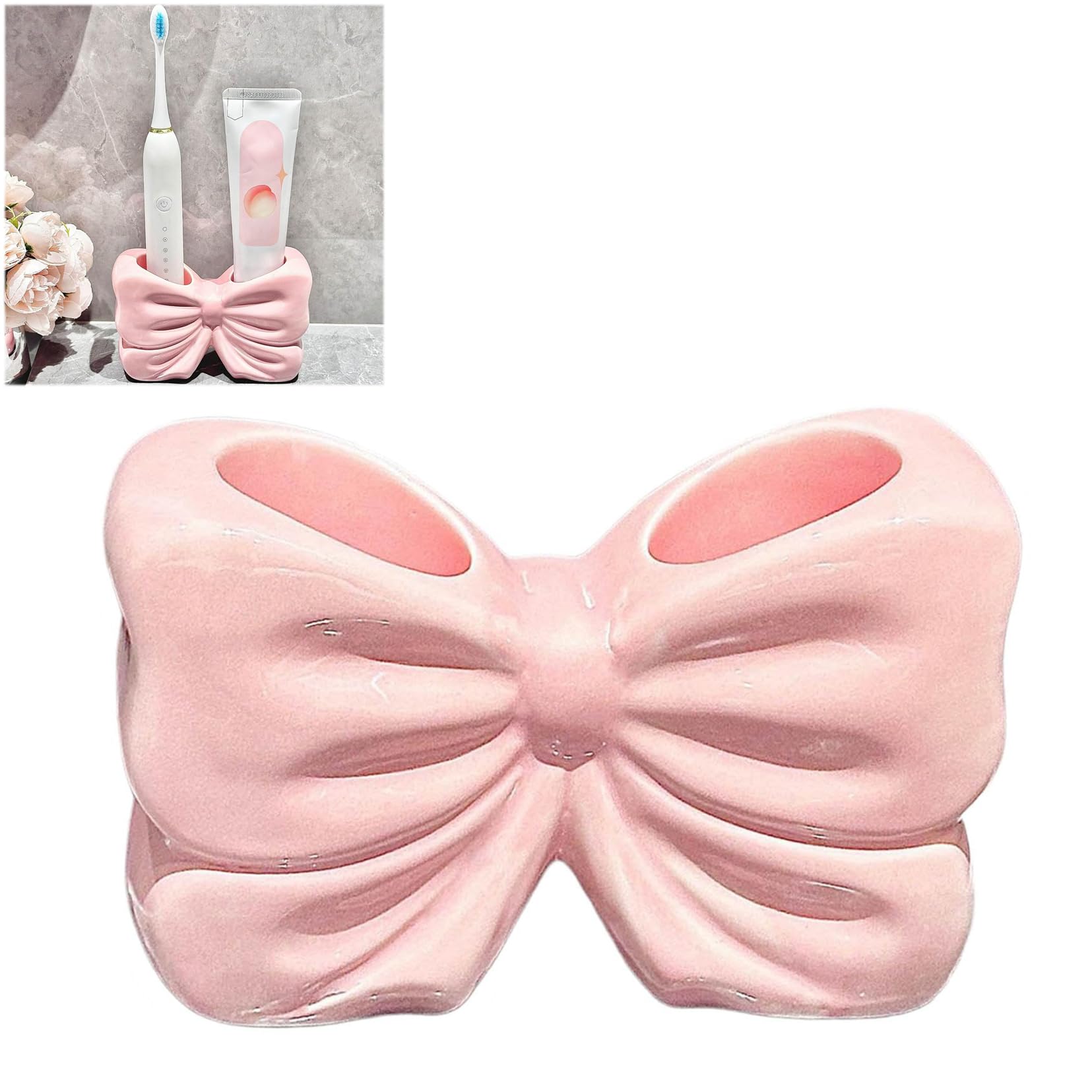 Ceramic Bowtie Toothbrush Holder - Cute 2 Slots Toothbrush Holder Accessories for Bathroom Bow Decor Portable Quick Dry