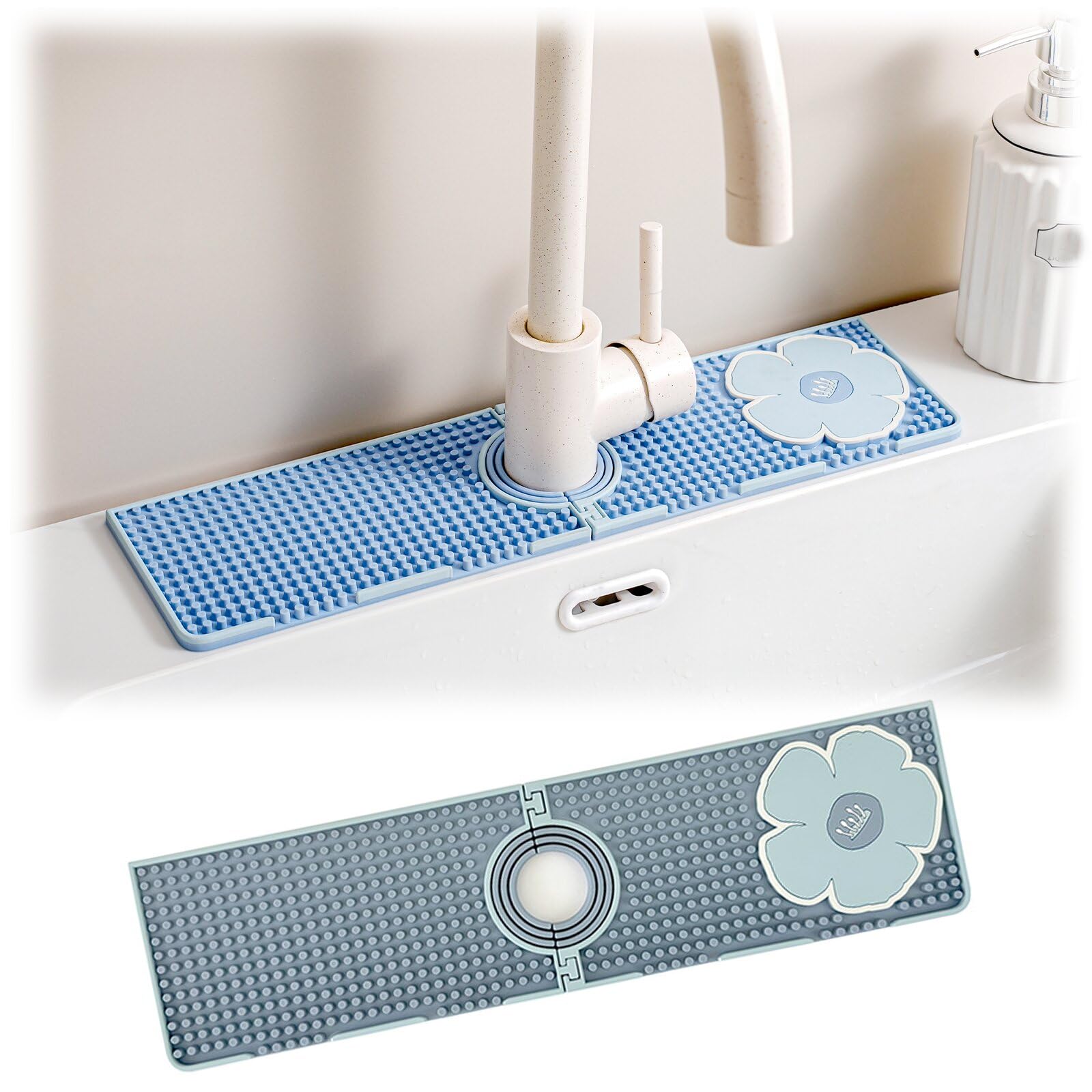 Sink Splash Guard, Faucet Mat for Kitchen Sink, Faucet Guard & Draining Mat, Dish Soap Sponge Holder Tray