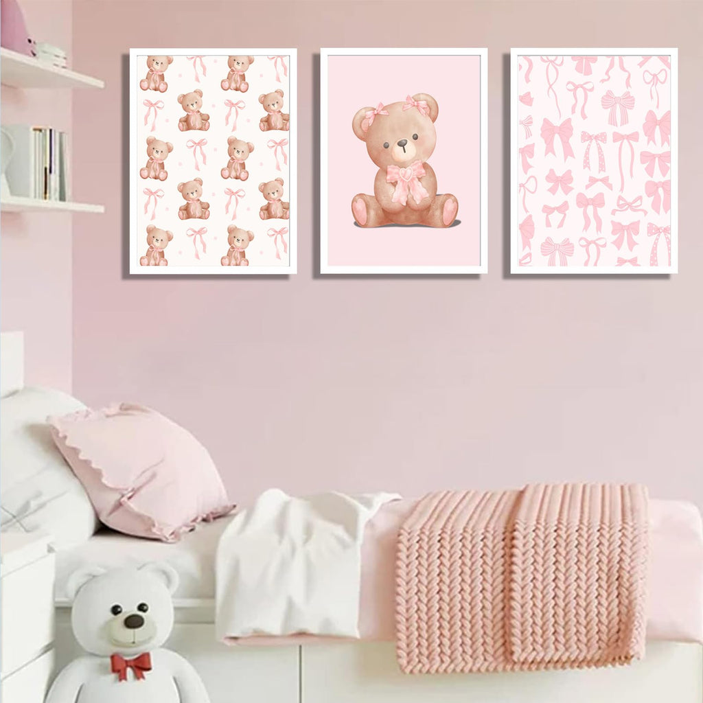 Pink Teddy Bear Wall Art Coquette Bow Wall Decor Pictures Cute Animal Nursery Canvas Posters Prints 3Pcs