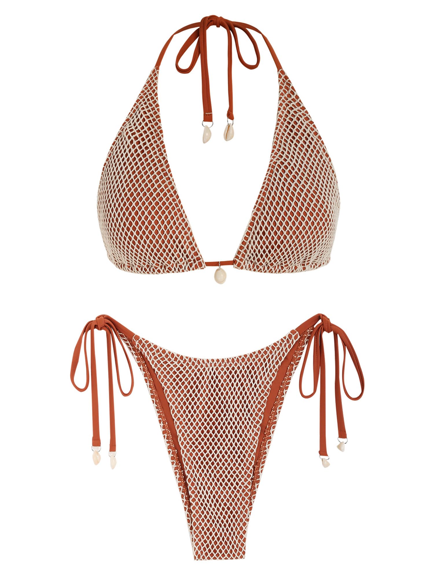 Women's Multiway Triangle Bikini â€?Fishnet Tie-Side Bandeau & Halter Swimsuit Set