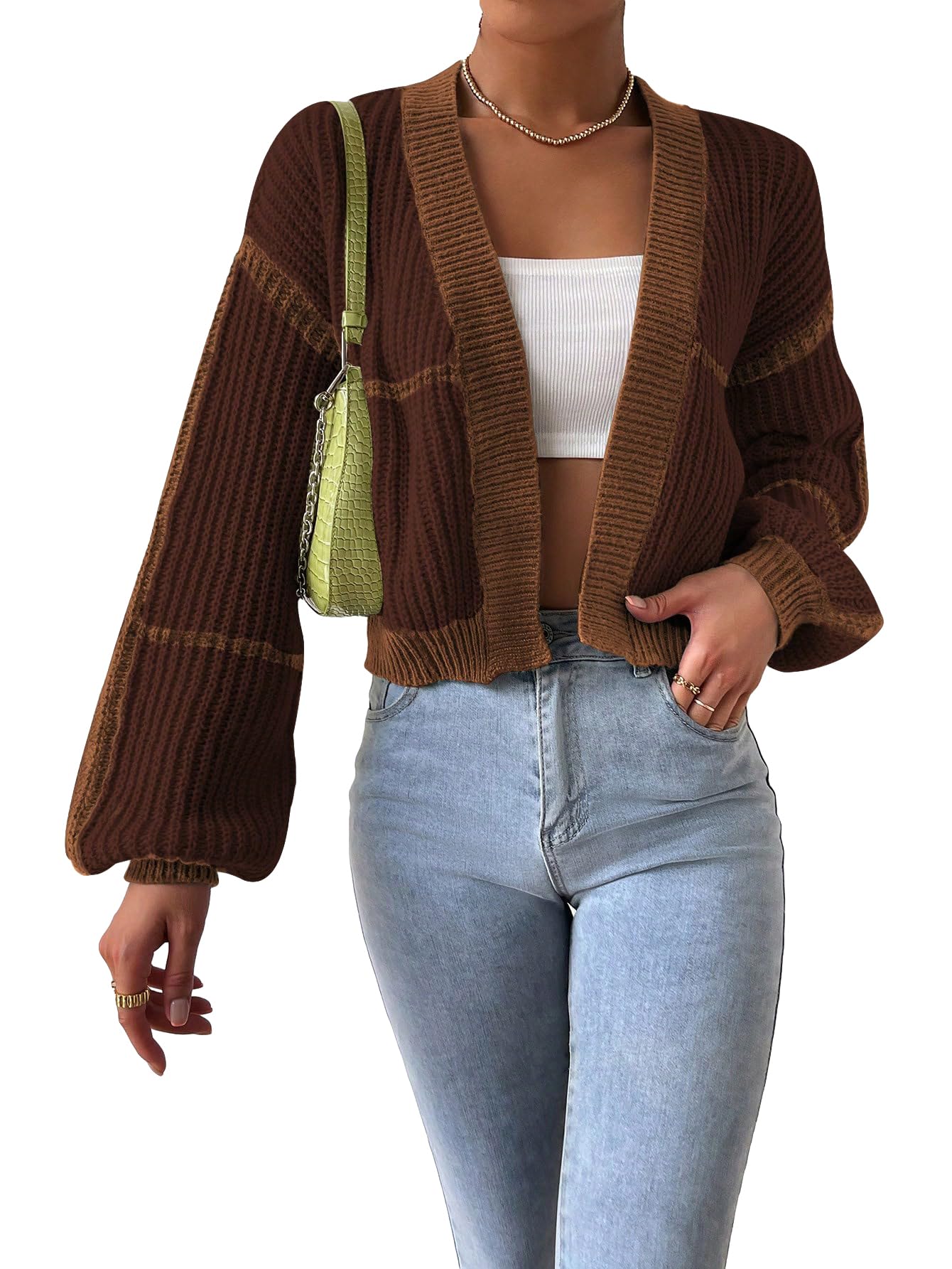 Women's Color Block Crop Cardigan Top Bishop Long Sleeve Open Front Sweater