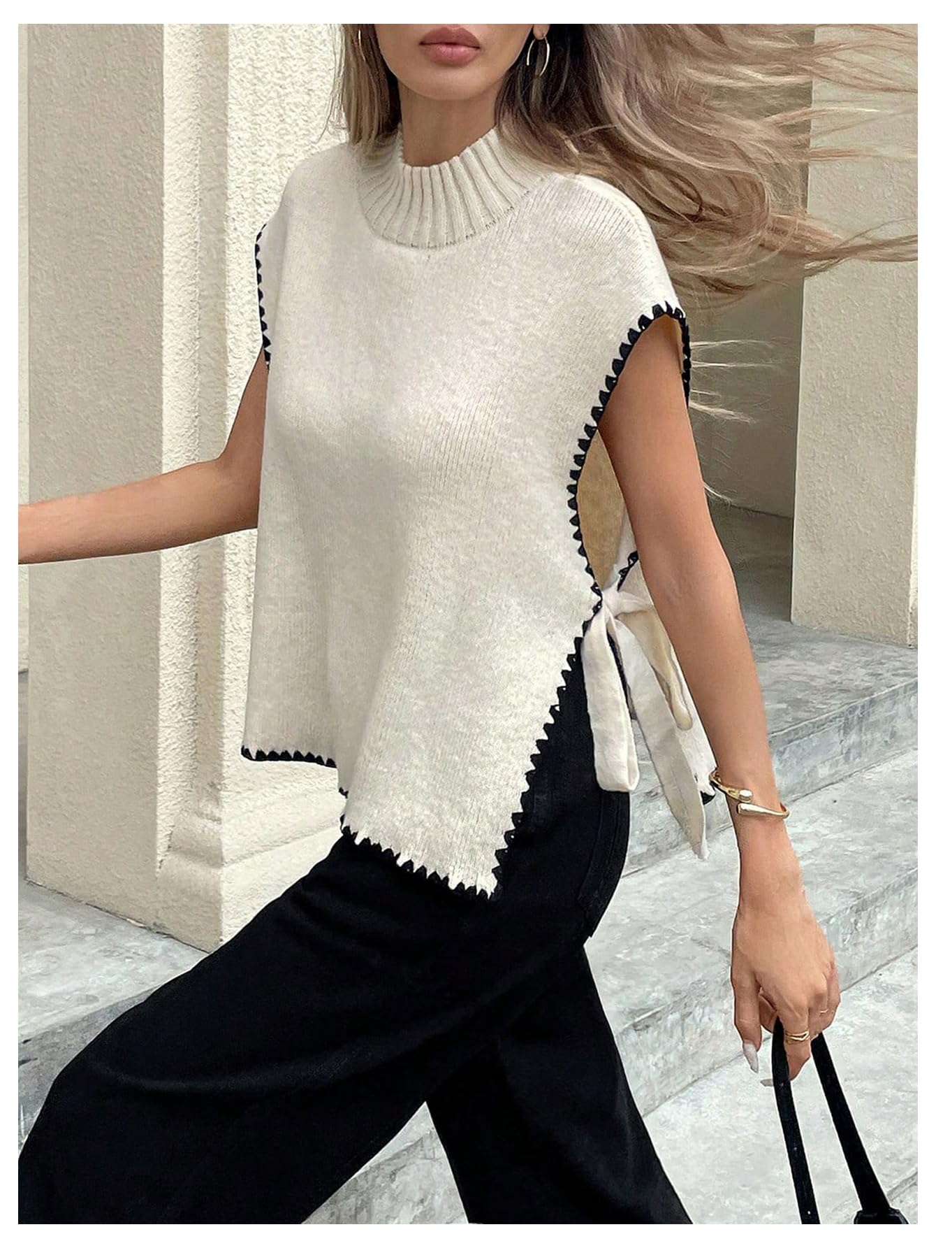 Women's Bow Tie Side Mock Neck Sweater Vest Coquette Split Sleeveless Knit Tops